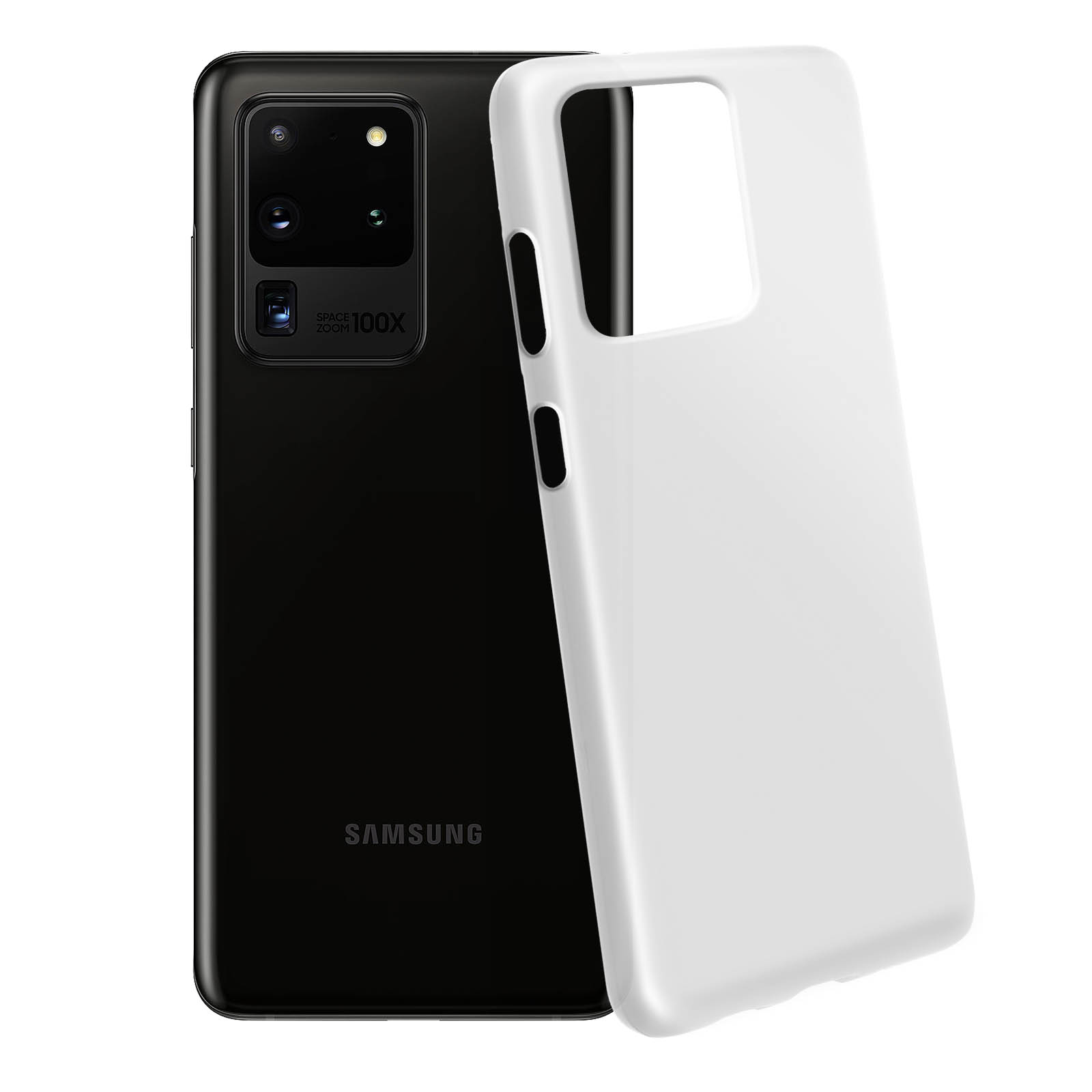 Schwarzes Samsung-Handy mit einer weißen Schutzhülle daneben. Kamera und Logo sind sichtbar.