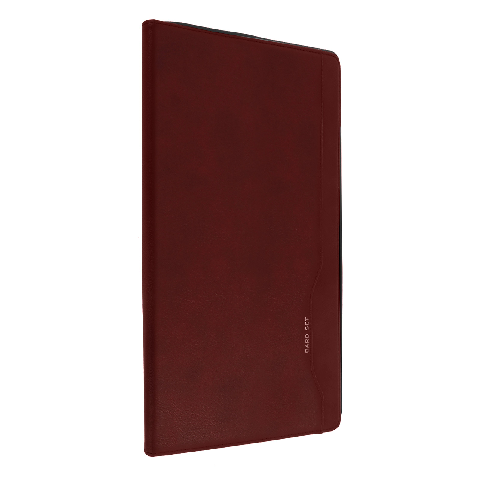 Un porta carte bordeaux chiuso con etichetta "CARD SET".