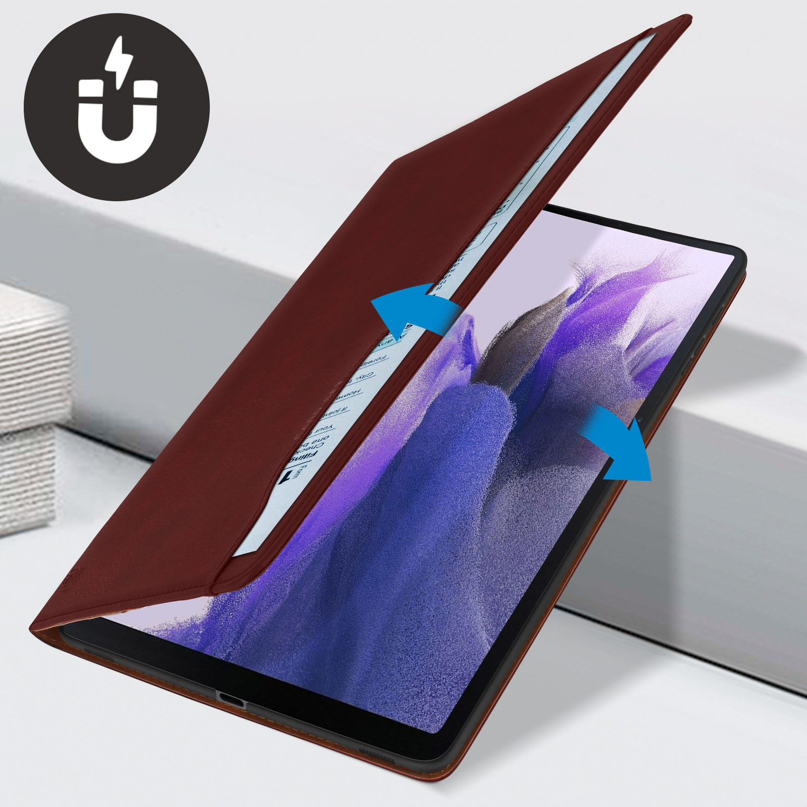Custodia per tablet, aperta. Custodia marrone con un tablet all'interno. Simbolo del magnete in alto.