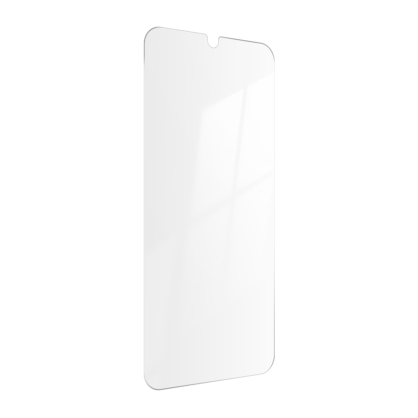 Un protecteur d'écran rectangulaire transparent pour un téléphone, avec une encoche en haut.