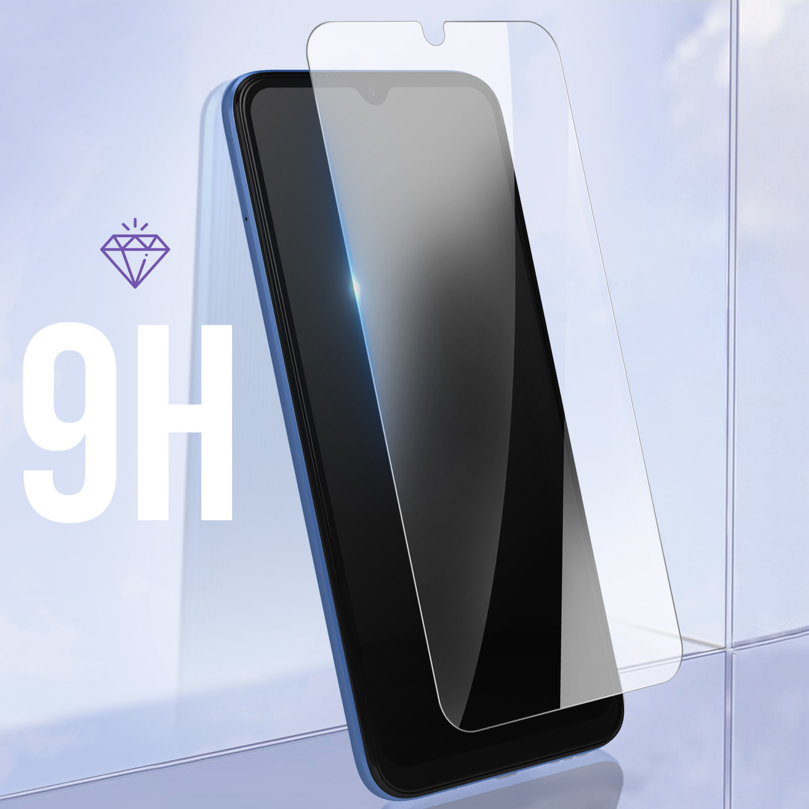 Smartphone avec protecteur d'écran. Le téléphone est bleu, avec un écran noir. Texte : 9H, symbole de diamant.