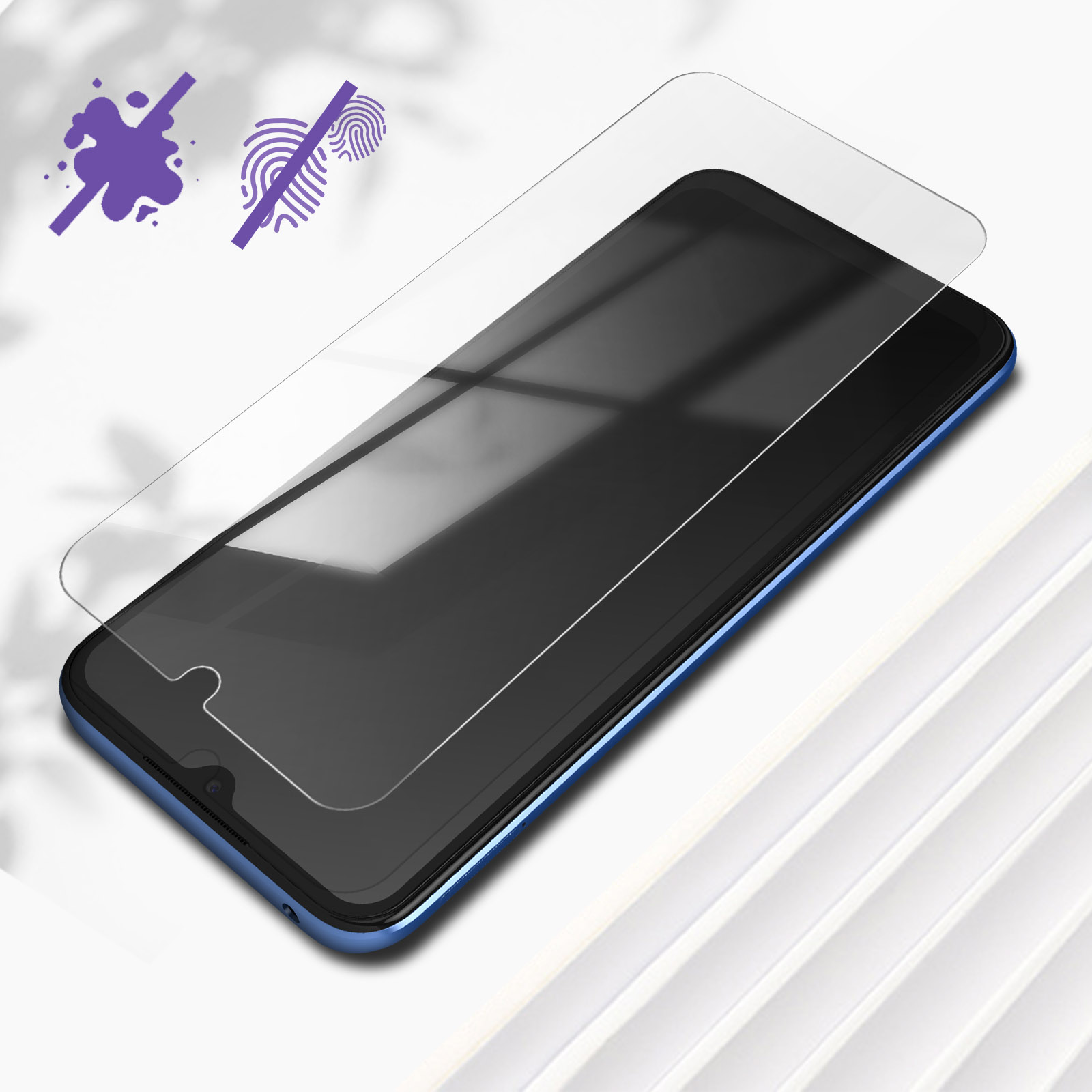 Un téléphone avec un protecteur d'écran appliqué. Le protecteur est transparent, sur un téléphone bleu.