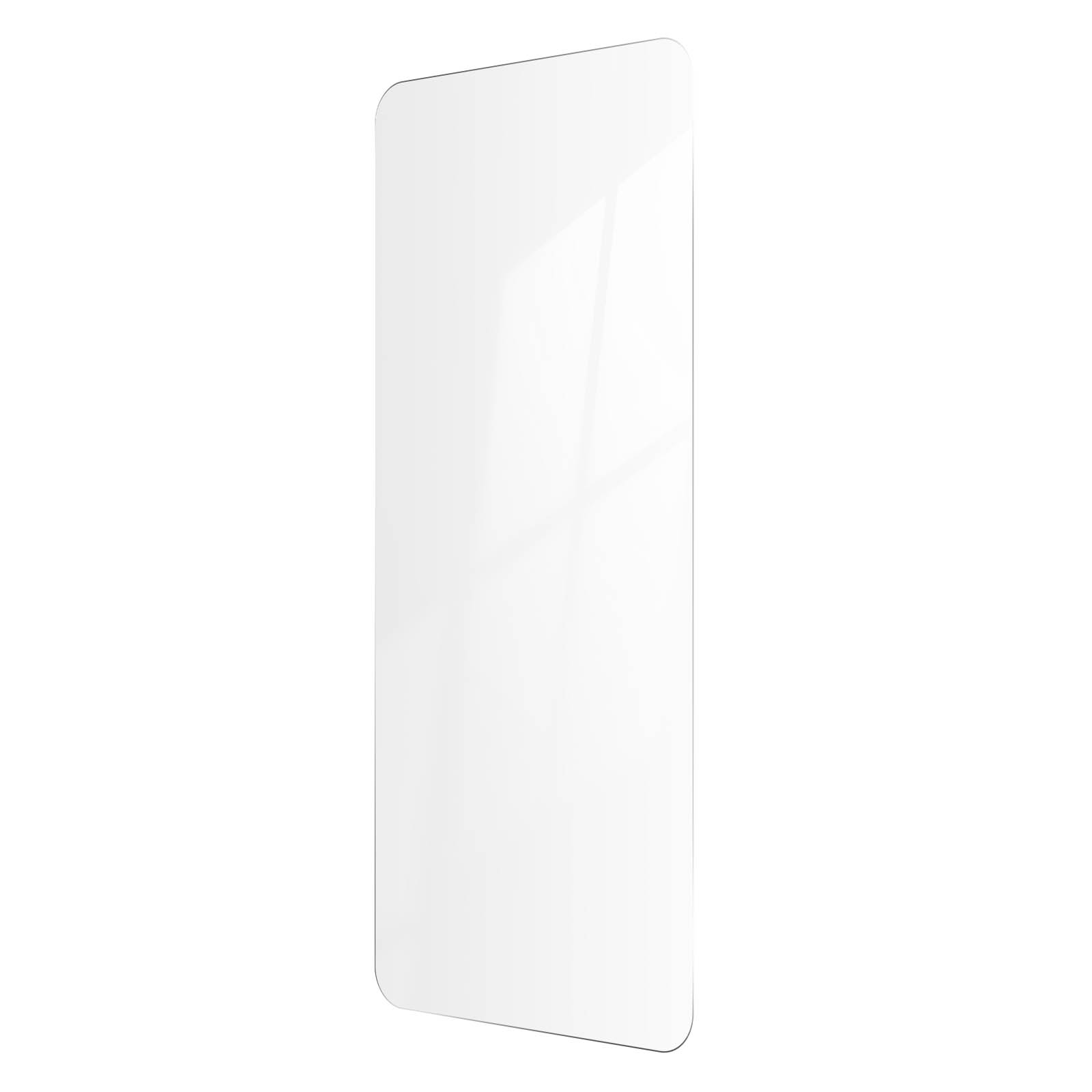 Un protecteur d'écran de téléphone rectangulaire transparent avec une surface brillante, isolé sur fond blanc.