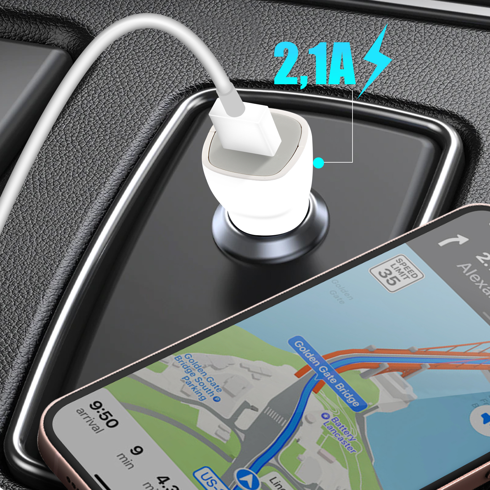 Telefon wird im Auto aufgeladen. Telefon zeigt eine Navigations-App mit einer Route.