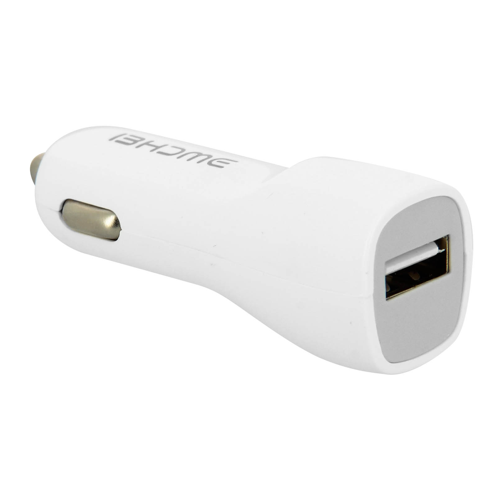 Ein weißes USB-Autoladegerät mit einem grauen USB-Anschluss. Der Text "13HOME" steht auf dem Ladegerät.