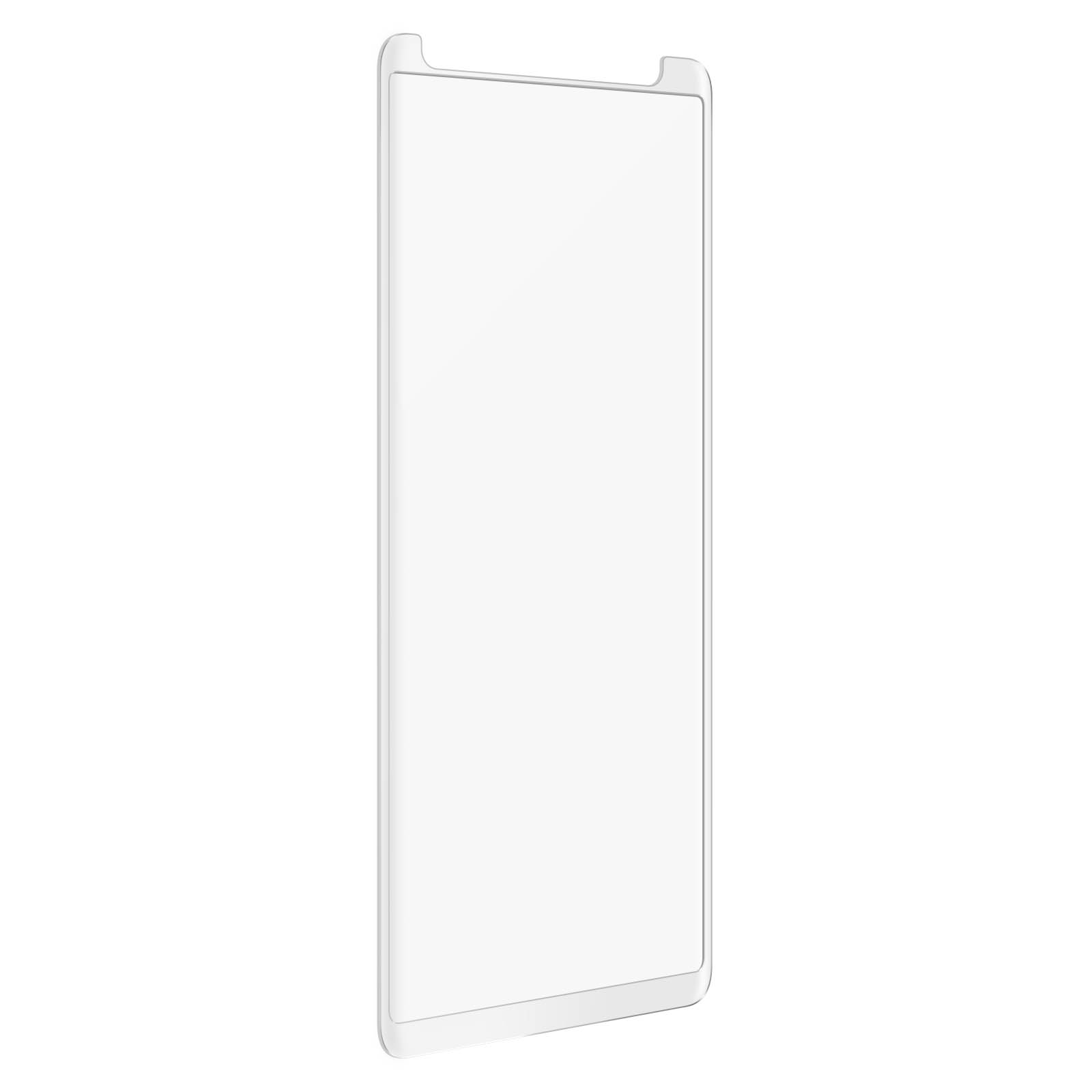 Un protecteur d'écran rectangulaire transparent pour un téléphone, sur fond blanc.