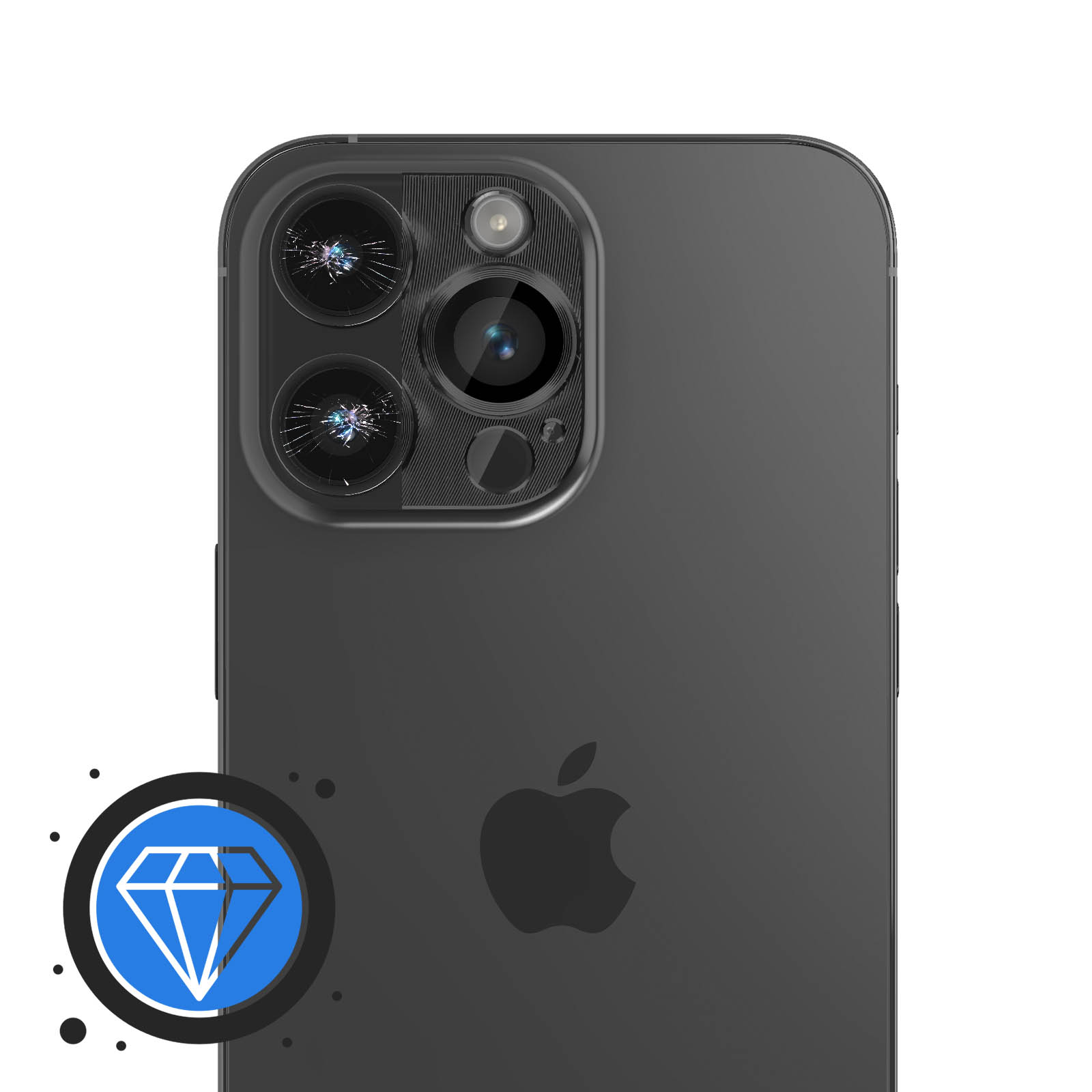 iPhone noir avec lentilles de caméra fissurées. Une icône de diamant et de verre brisé.