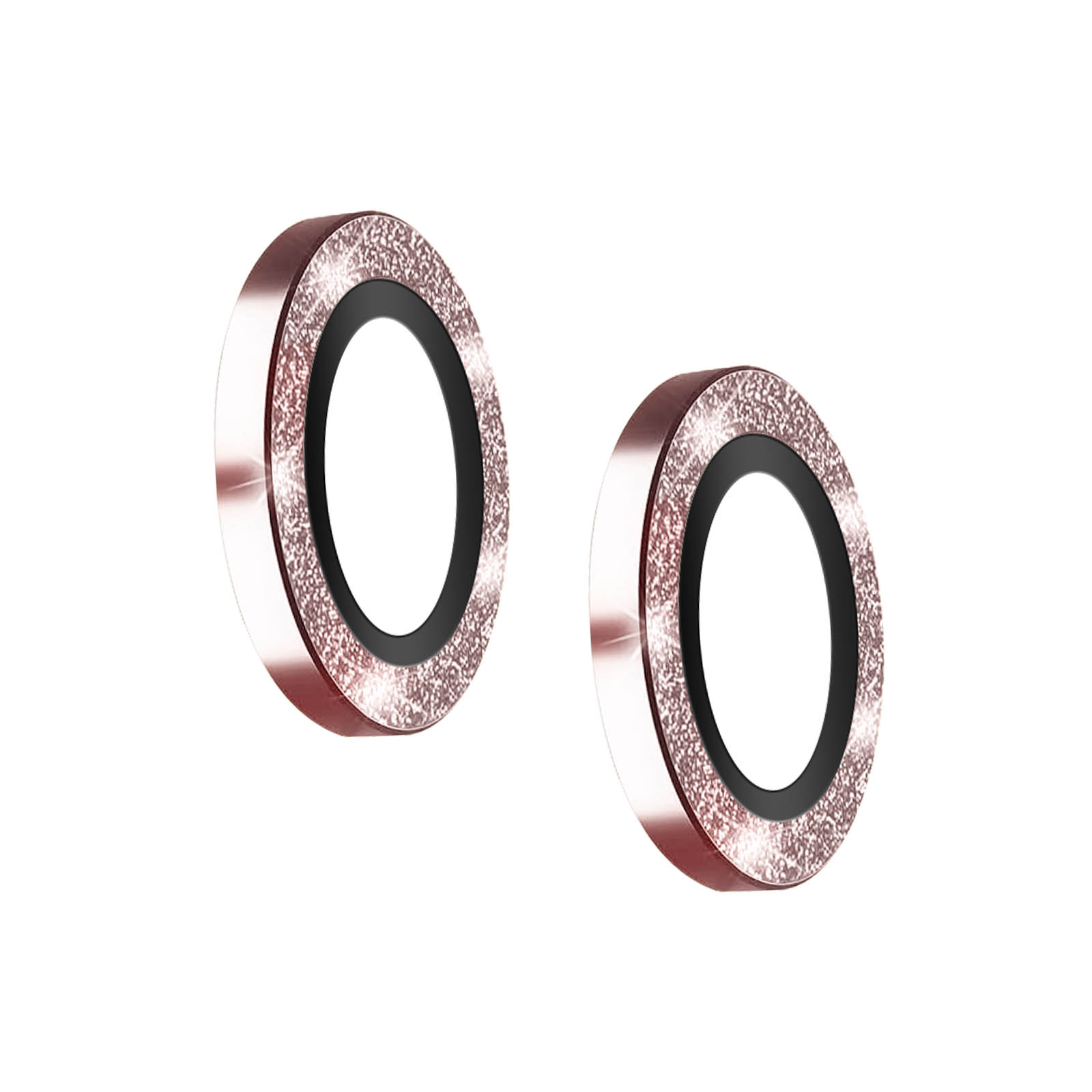 Zwei dekorative Ringe, roségold mit Glitzer, schwarzer Innenkreis, isoliert auf Weiß.