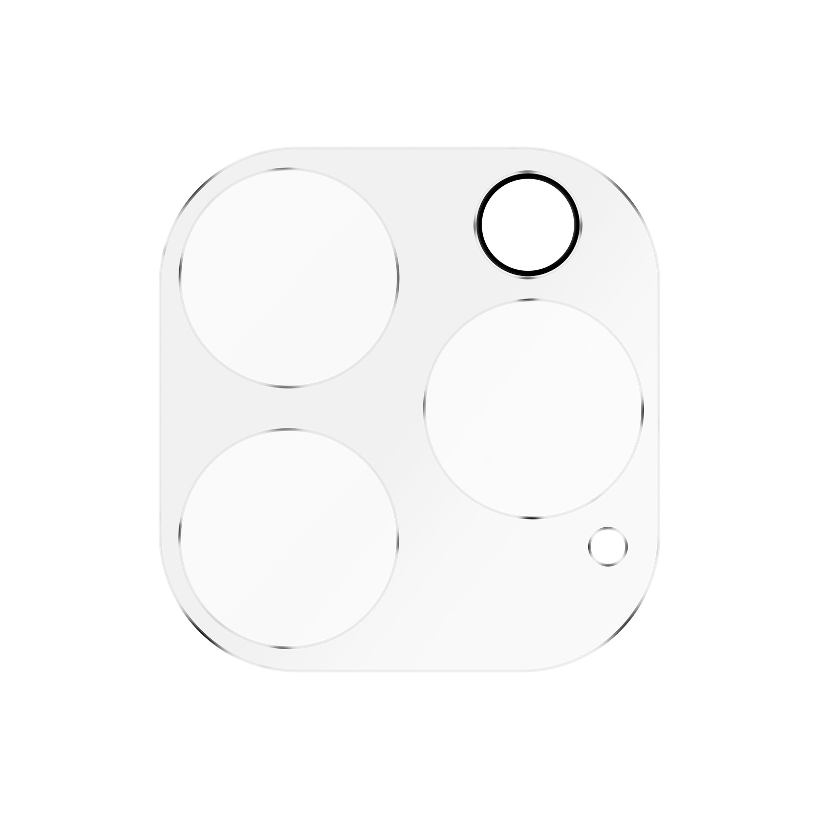 Un protecteur d'objectif d'appareil photo transparent avec quatre cercles d'objectif et un petit cercle. Il est sur un fond blanc.