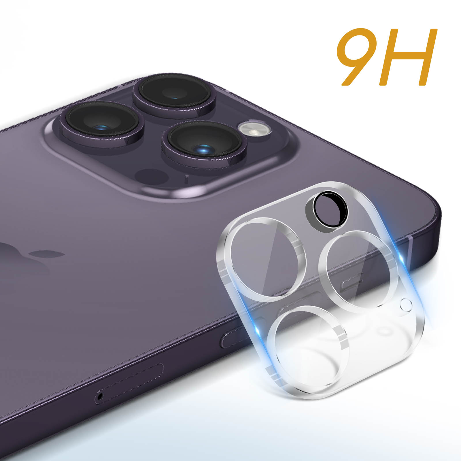Un protecteur d'écran transparent avec le texte 9H. Le téléphone est violet.