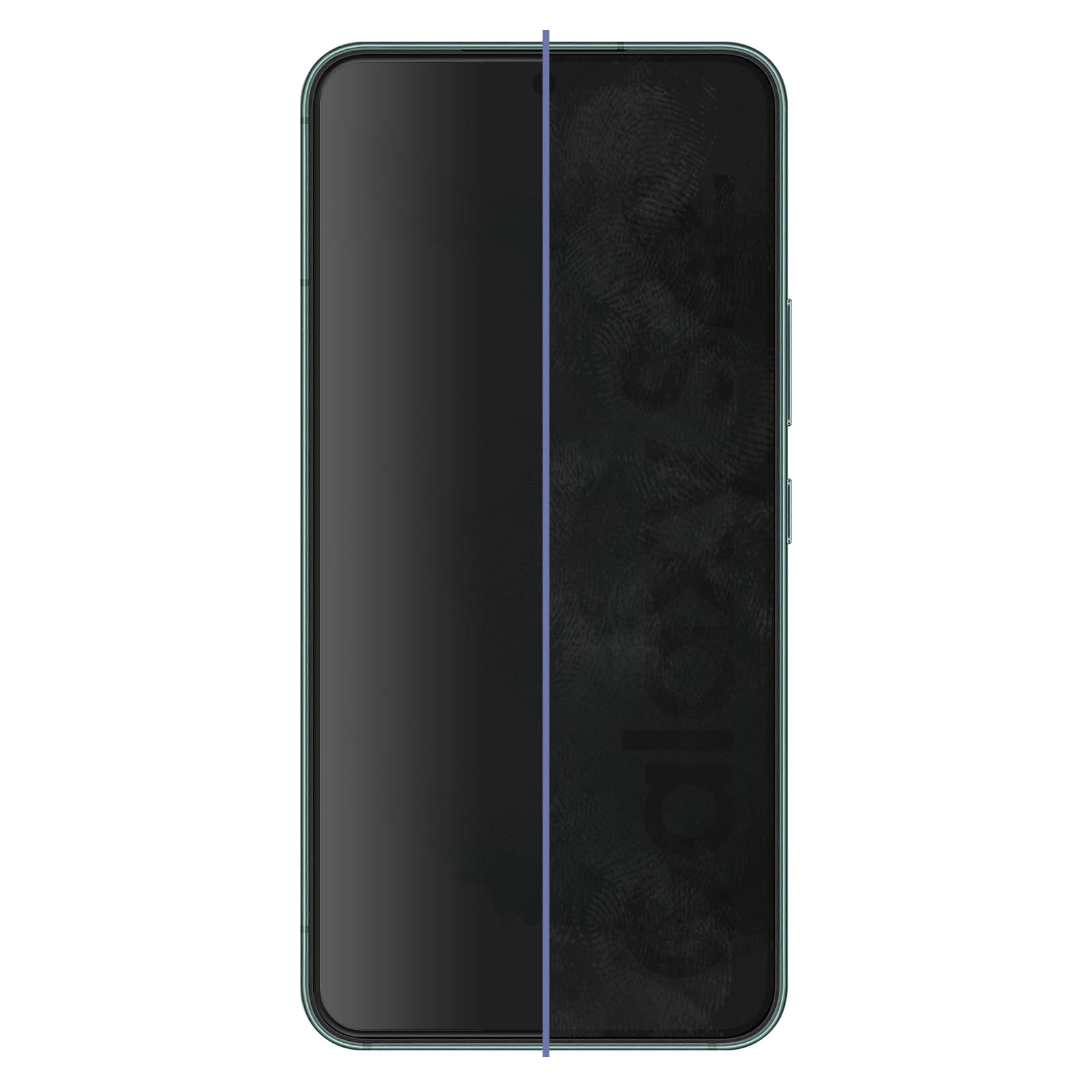 Uno smartphone con protezione schermo applicata. Lo schermo è diviso da una linea verticale. Impronte digitali visibili.