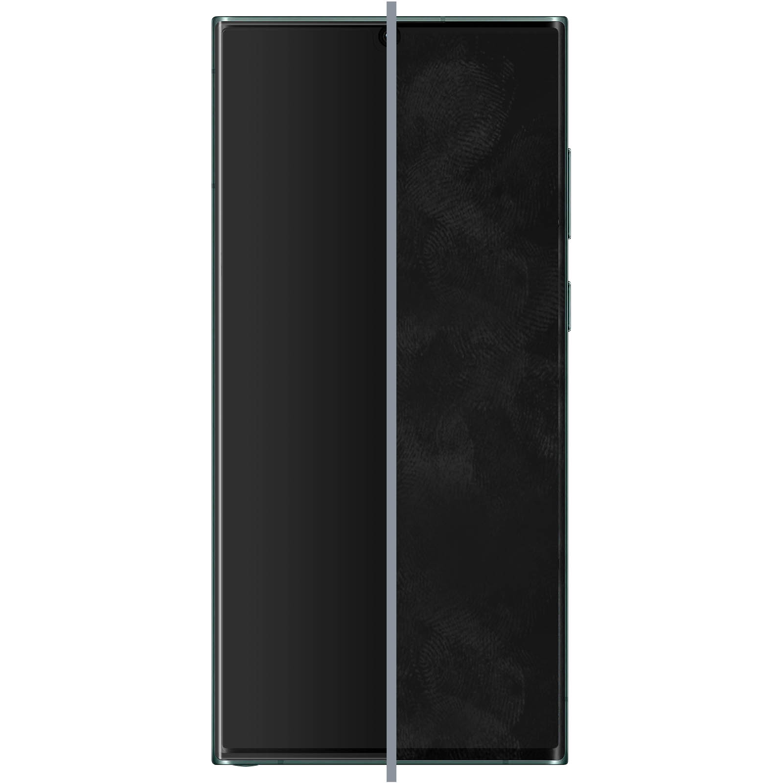 Uno schermo di smartphone diviso a metà, con impronte digitali visibili su un lato.