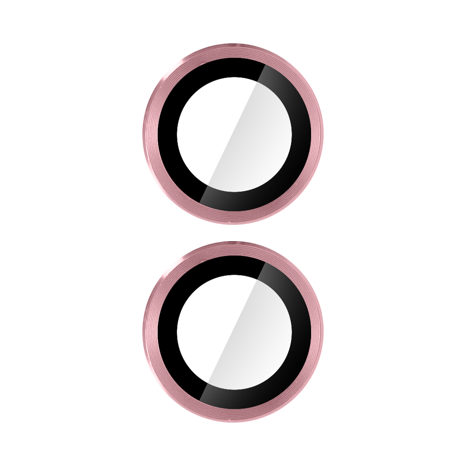 Deux protecteurs d'objectif d'appareil photo avec des bords roses et du verre transparent, isolés sur fond blanc.