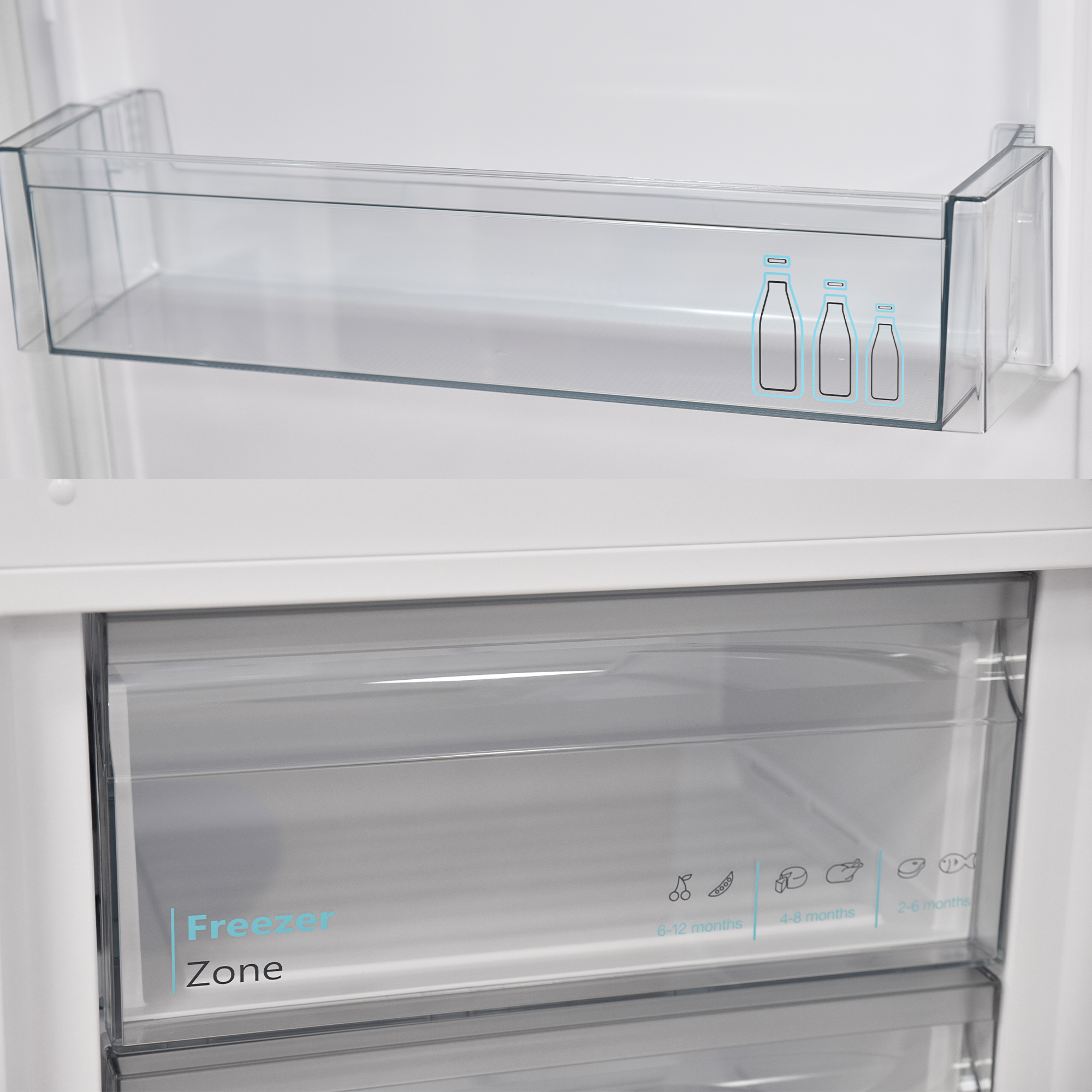 Kühlschrank-Innenraum mit transparentem Regal und Gefrierschublade.