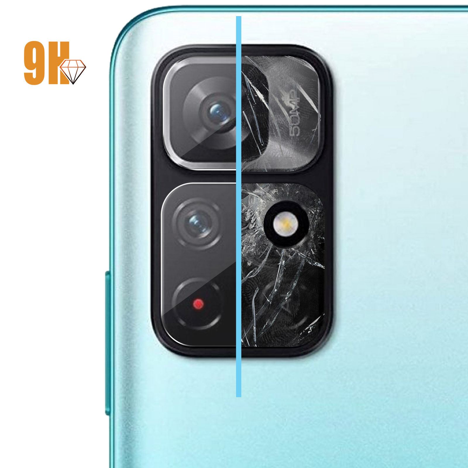 Lenti della fotocamera dello smartphone, un lato intatto, l'altro rotto. Diamante e testo '50MP' visibili.