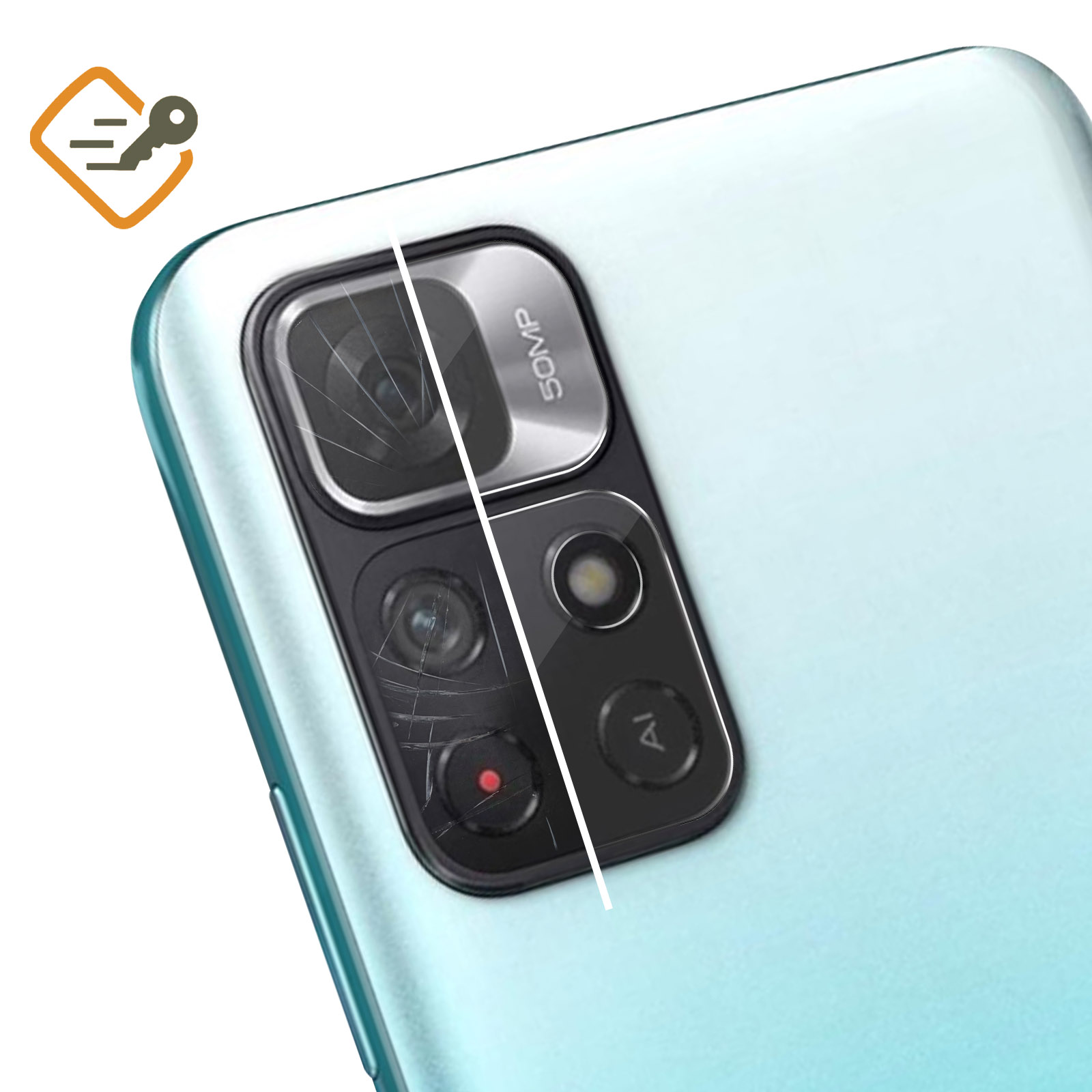 Retro di telefono con fotocamera rotta, mostrata accanto a una non rotta per confronto.