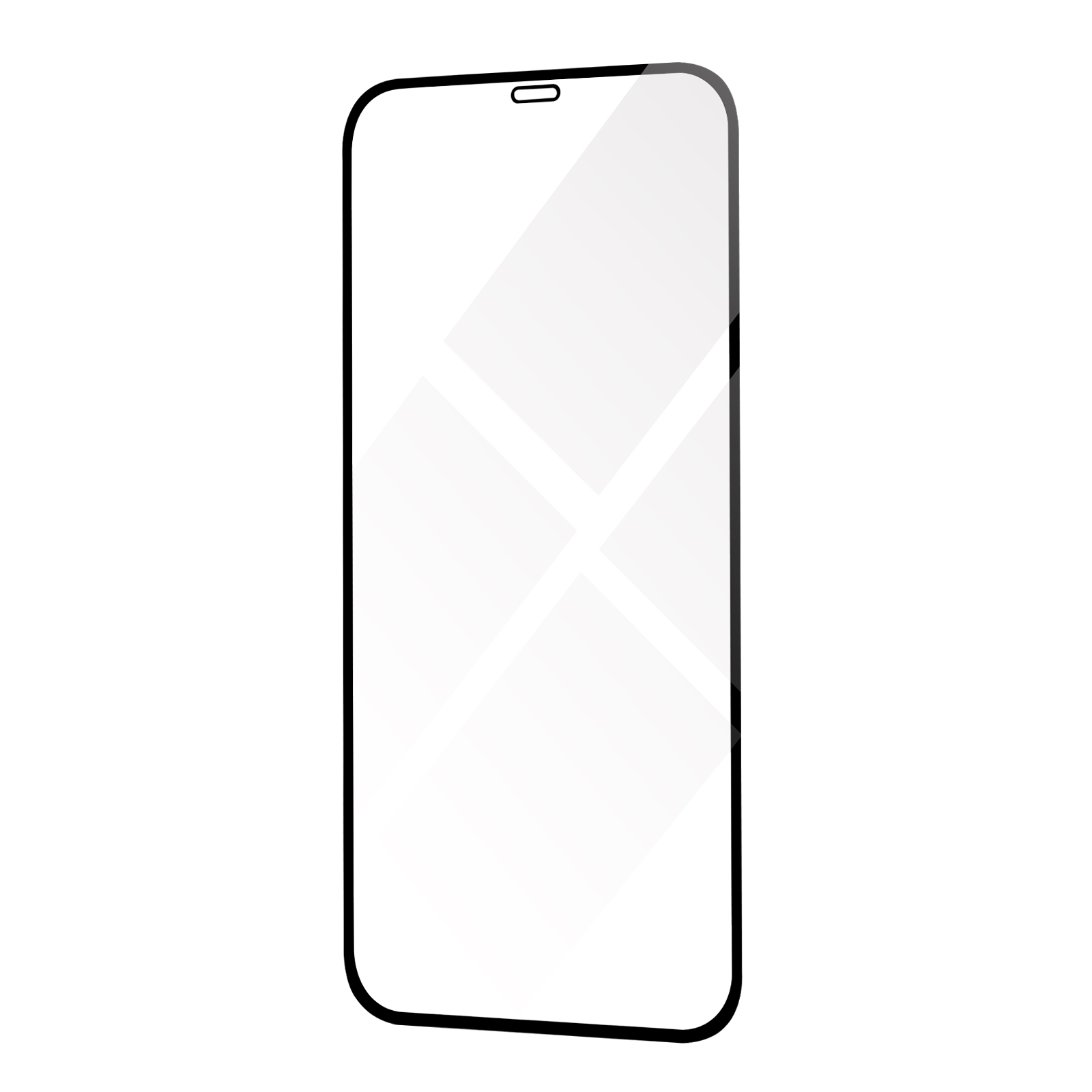 Un protecteur d'écran transparent pour un téléphone. Cadre noir. Fond blanc.
