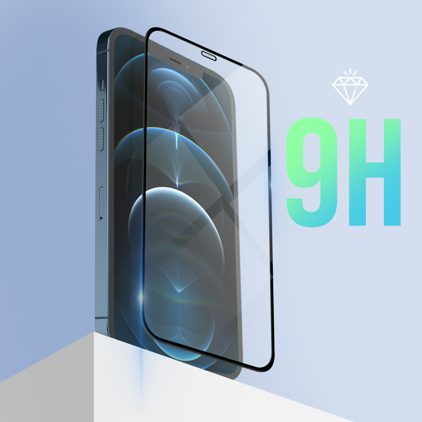 Téléphone avec protecteur d'écran appliqué. Le protecteur d'écran porte le numéro 9H en vert et bleu.