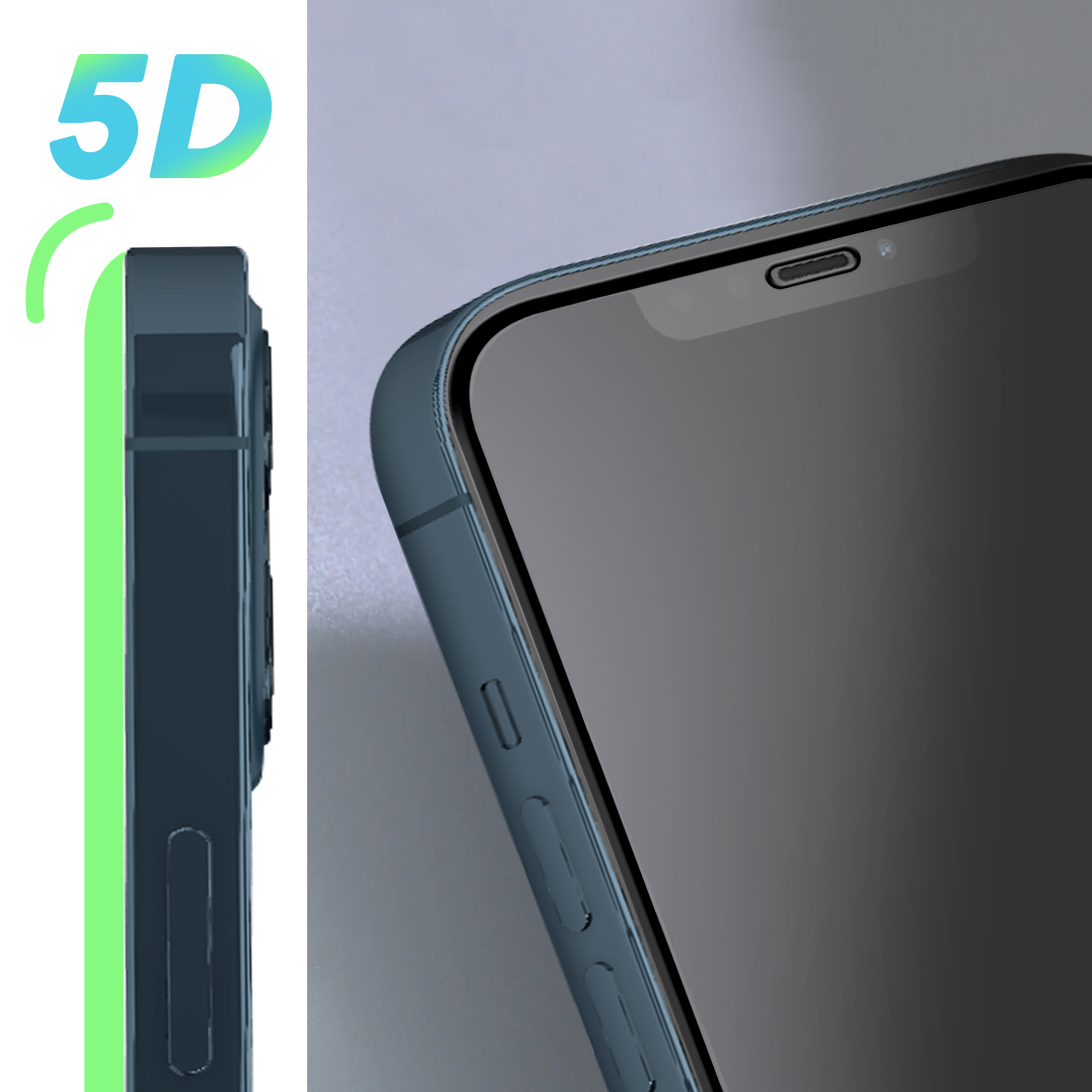 Gros plan sur un téléphone bleu avec un accent vert et le texte "5D" à gauche.
