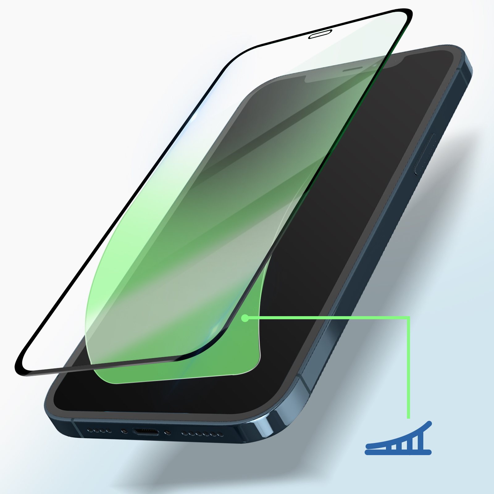 Un téléphone avec un protecteur d'écran, avec une superposition verte, avec un graphique.