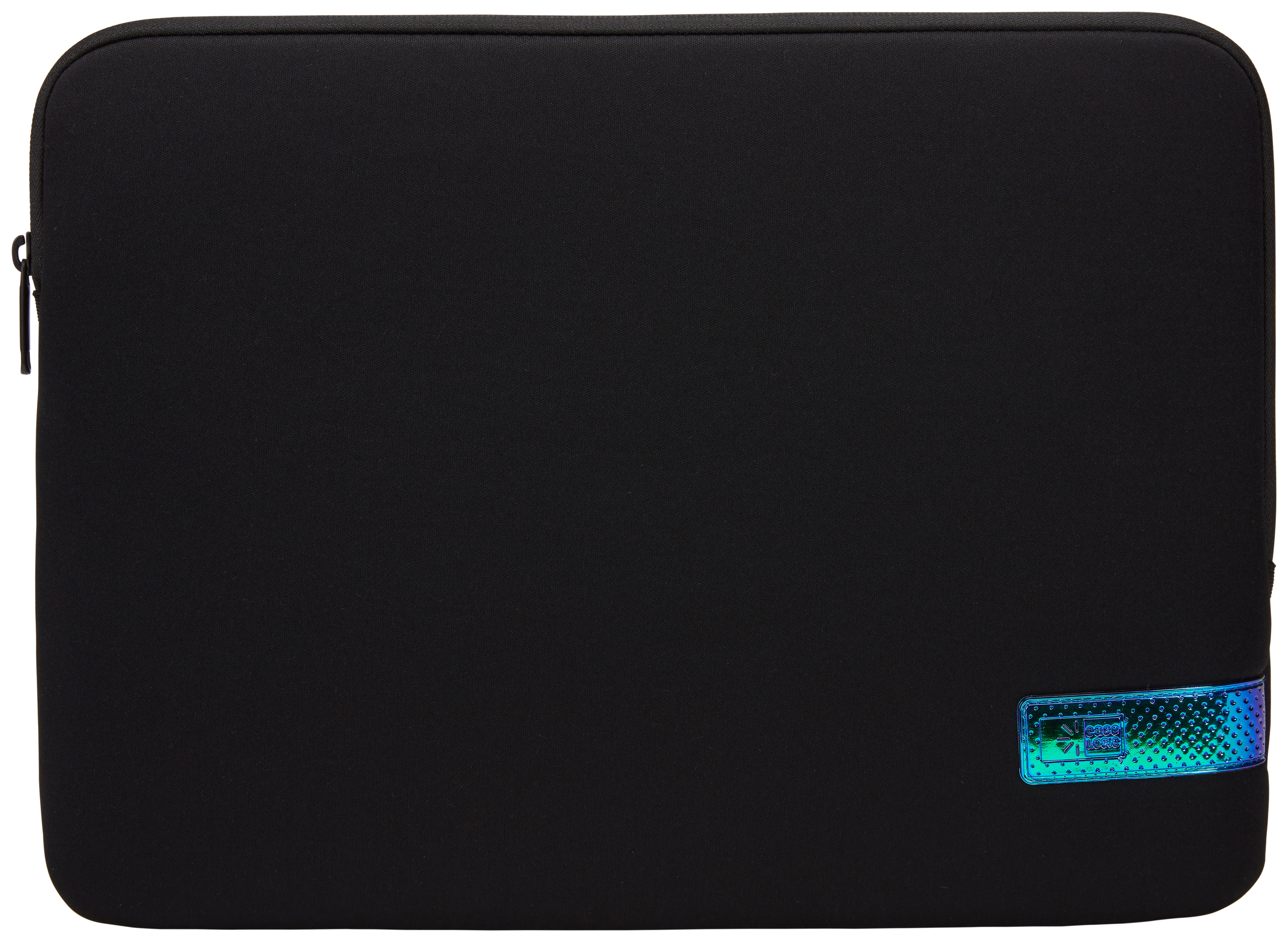 Zwarte laptoptas met een rits en een klein iriserend detail in de rechterbenedenhoek.