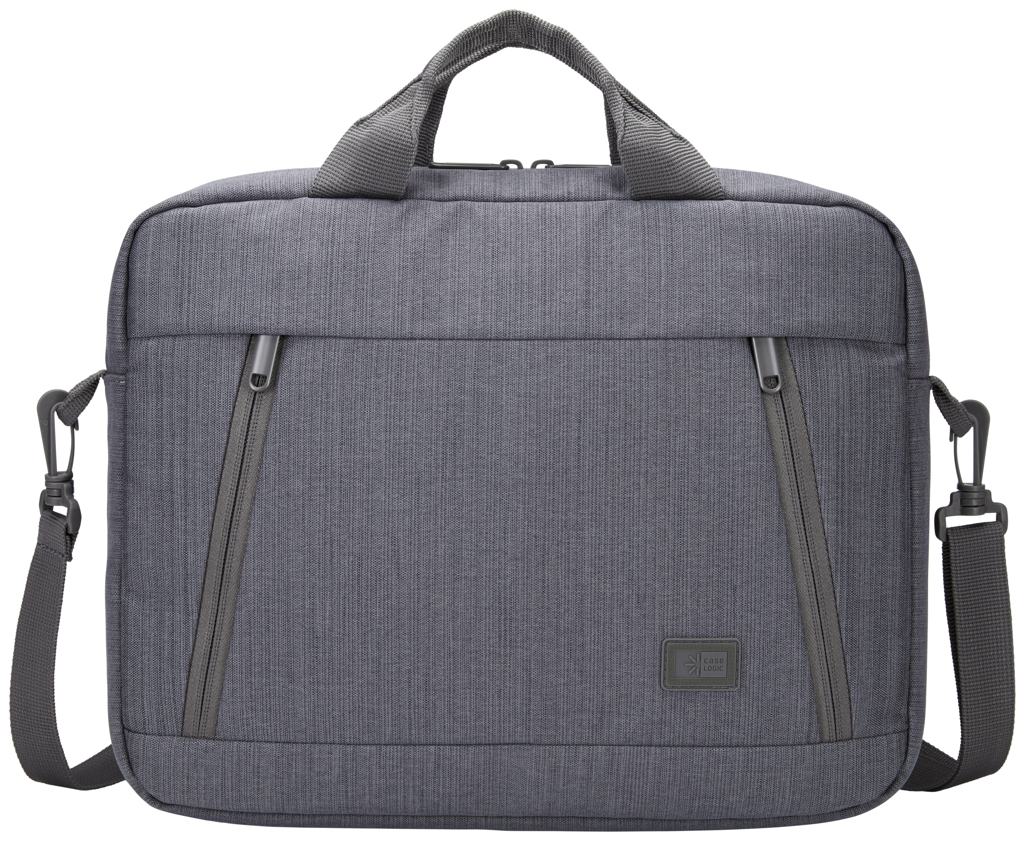 Een grijze laptoptas met twee voorzakken en een schouderriem. Het heeft een merklogo.