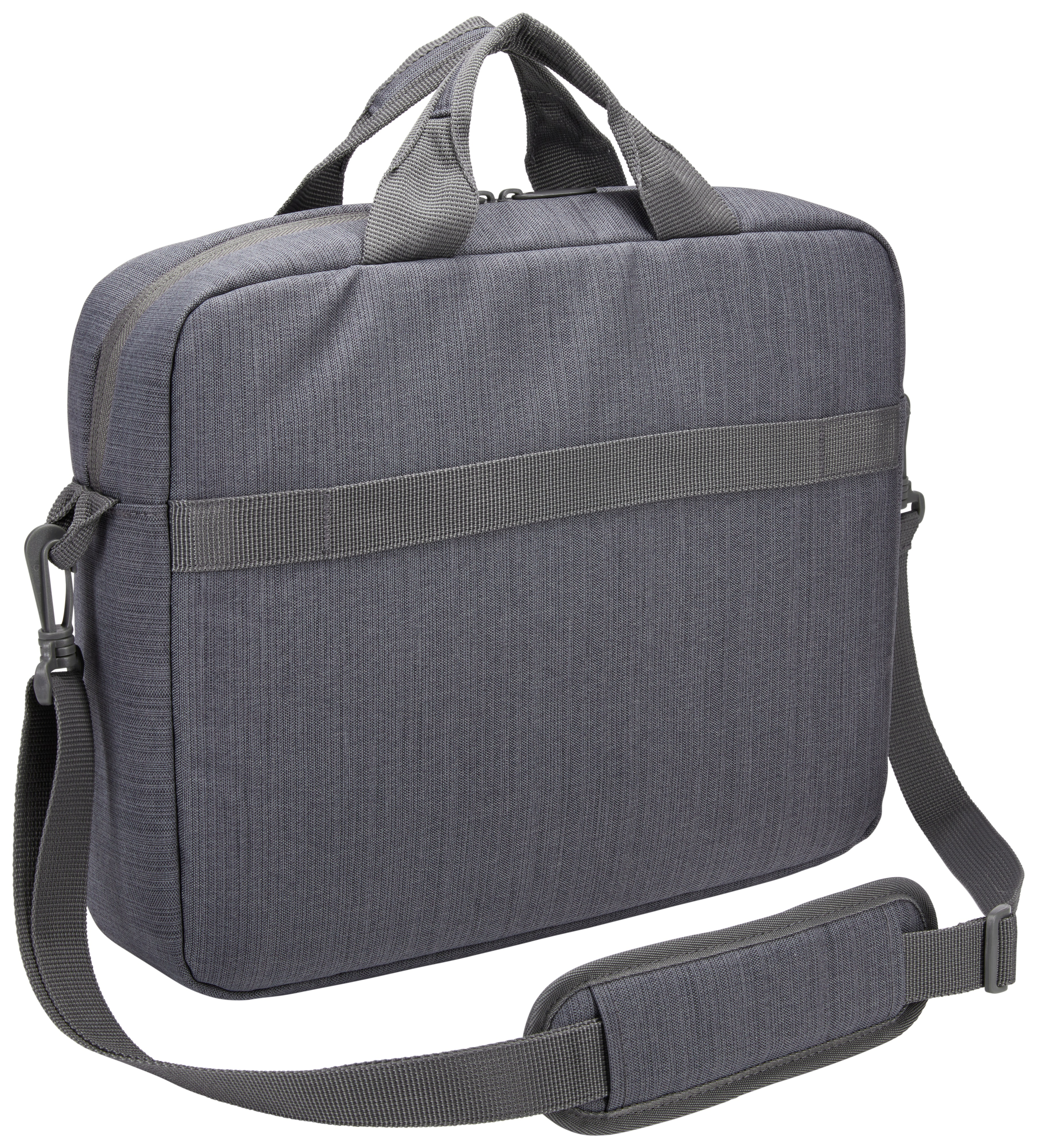 Grijze laptoptas met schouderriem. De tas heeft een handvat en een rits.