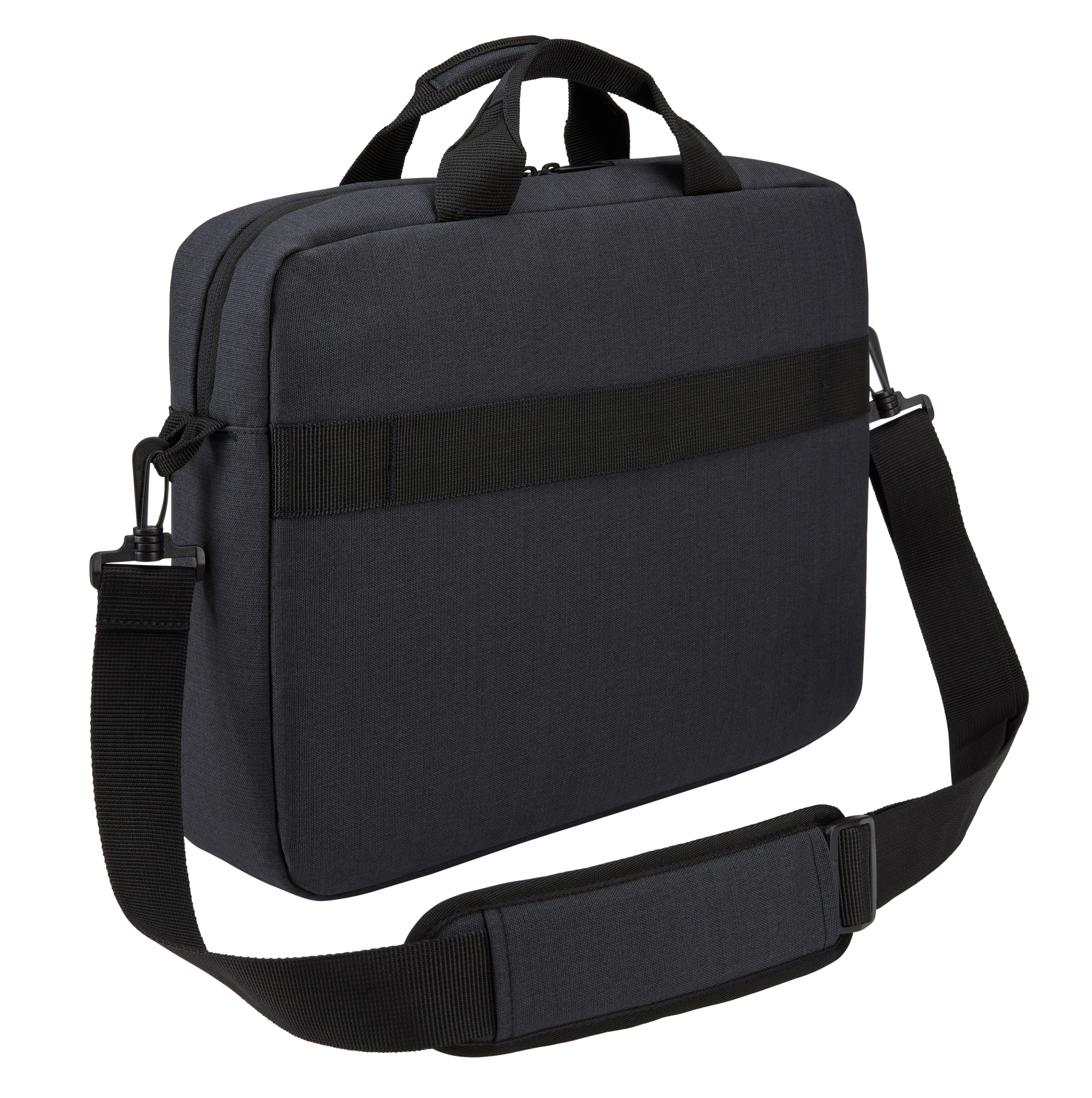 Black laptop bag with a shoulder strap. Black handle and black strap.