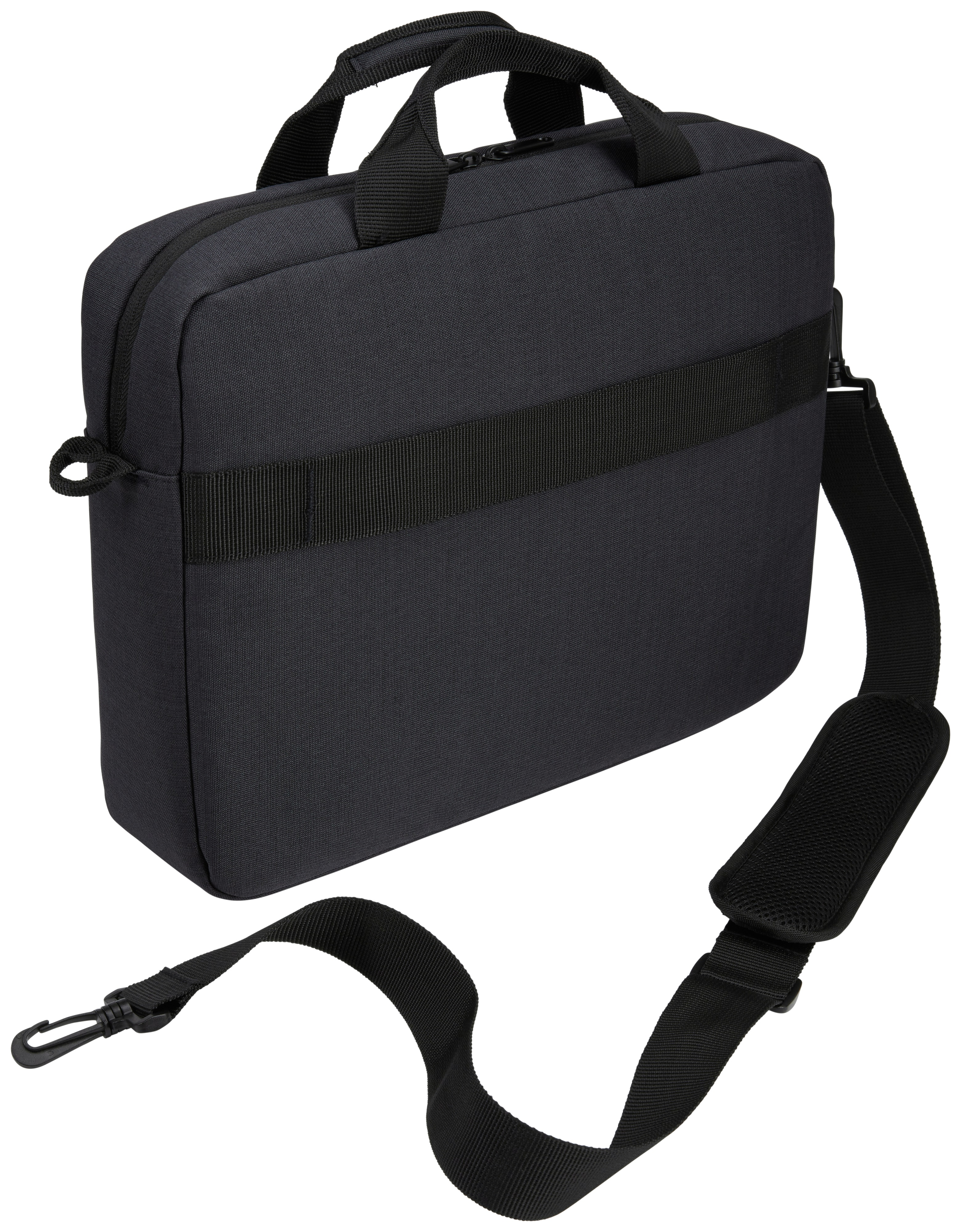 Black laptop bag with shoulder strap. The bag has a handle and an adjustable strap.