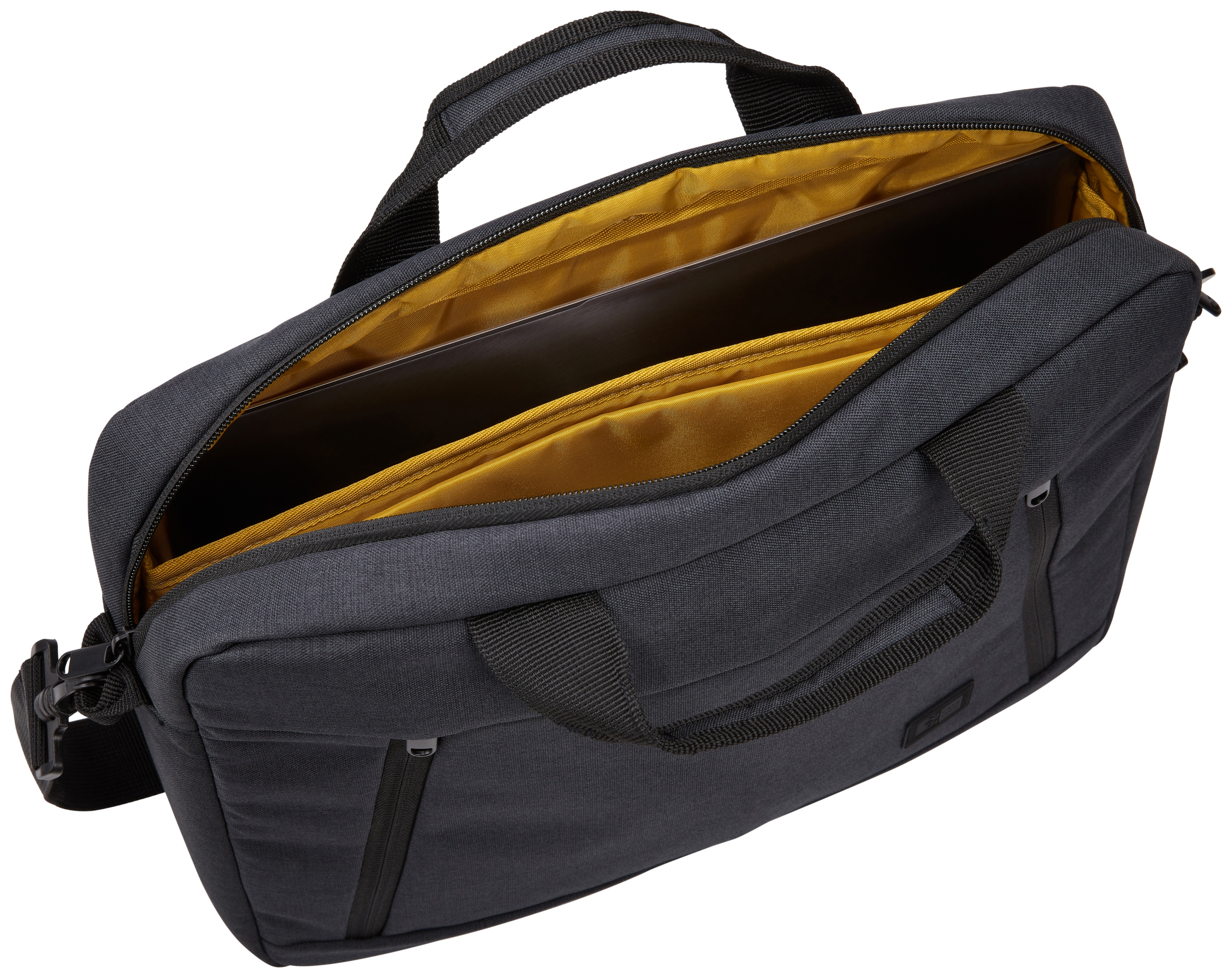 Black briefcase with a yellow interior. Partially open, revealing a laptop inside.