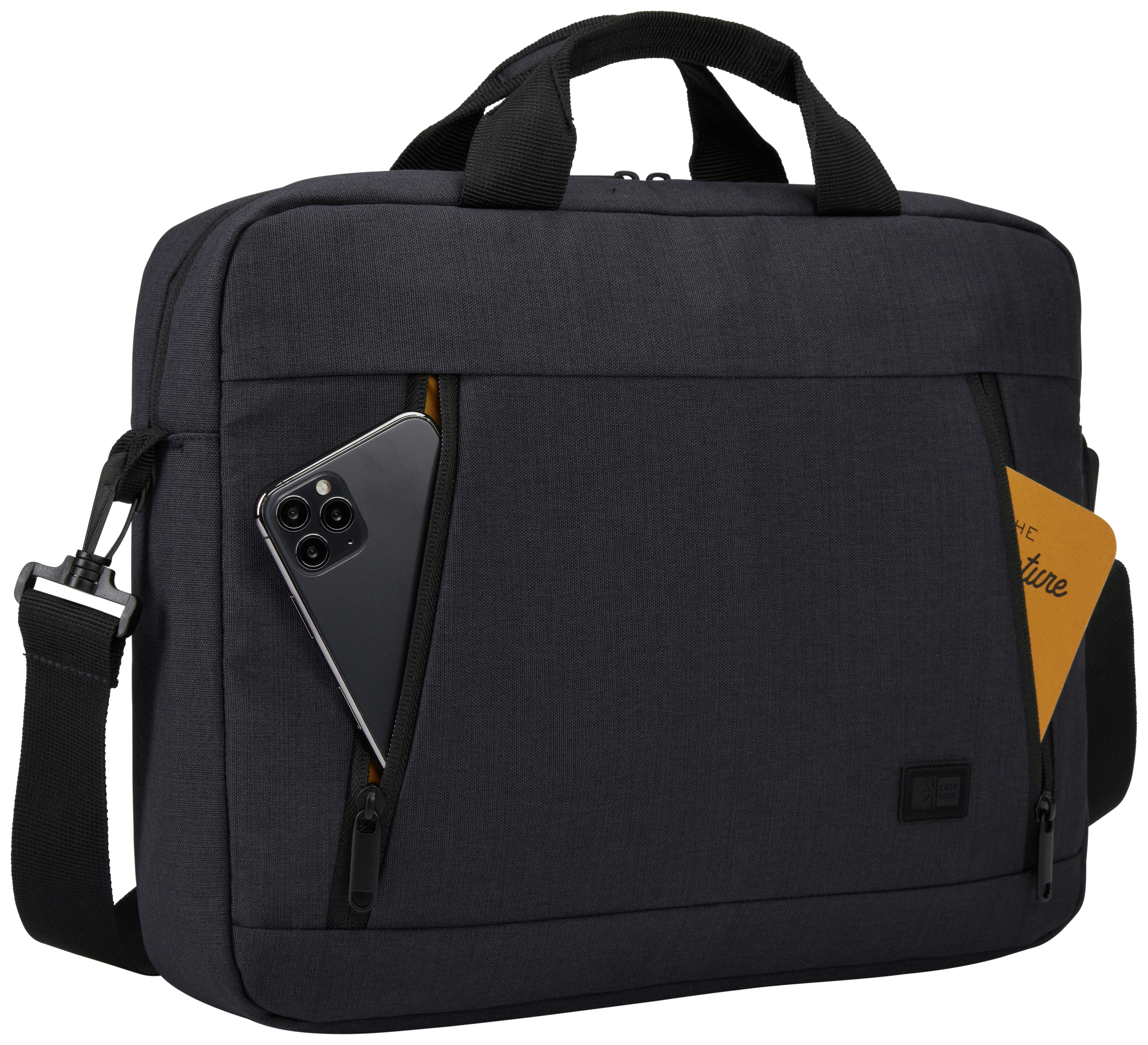 Black laptop bag with phone and notebook in pockets, shoulder strap attached.