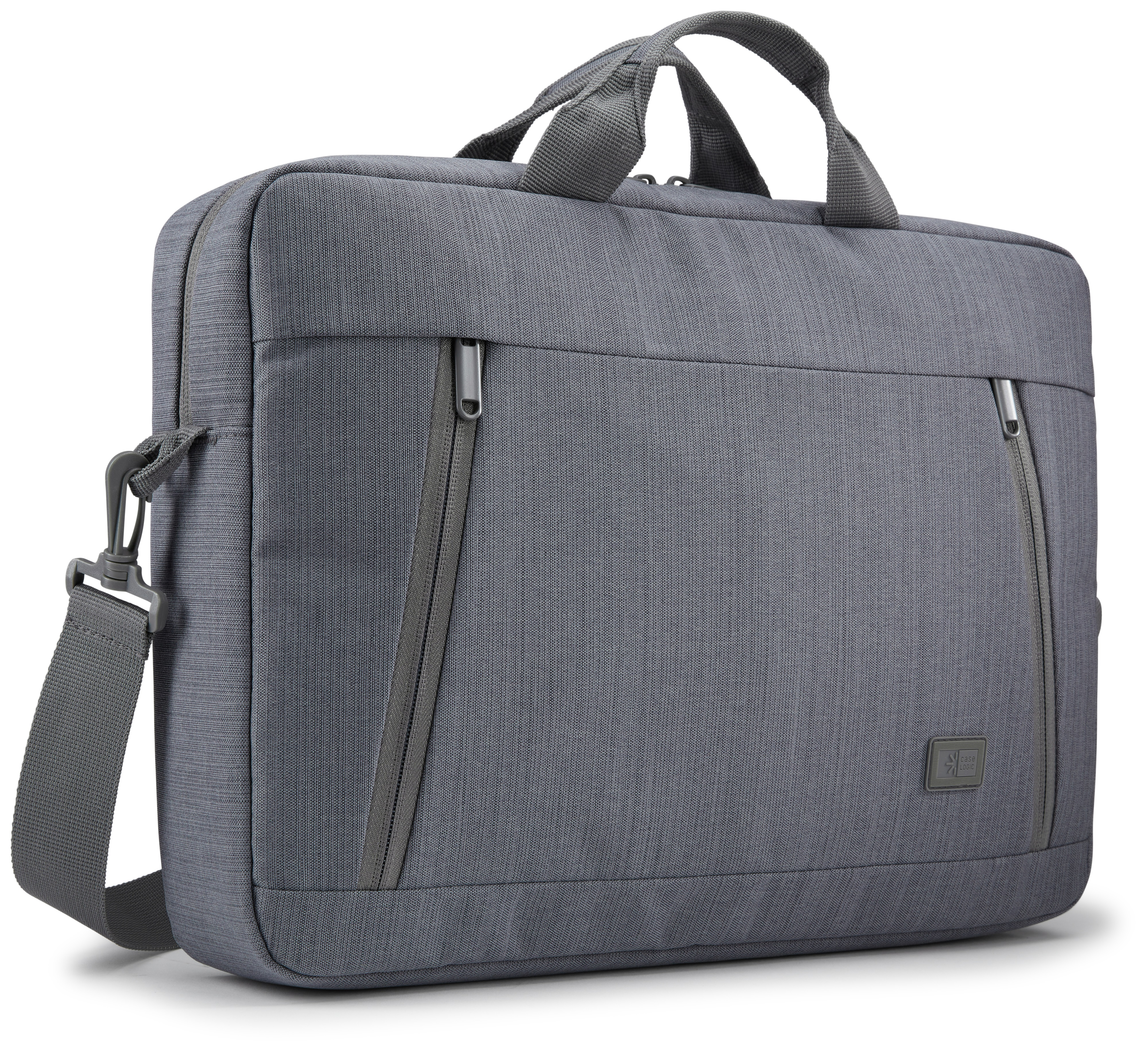 Borsa grigia per laptop con manico e tracolla. Due cerniere sono visibili sul davanti.