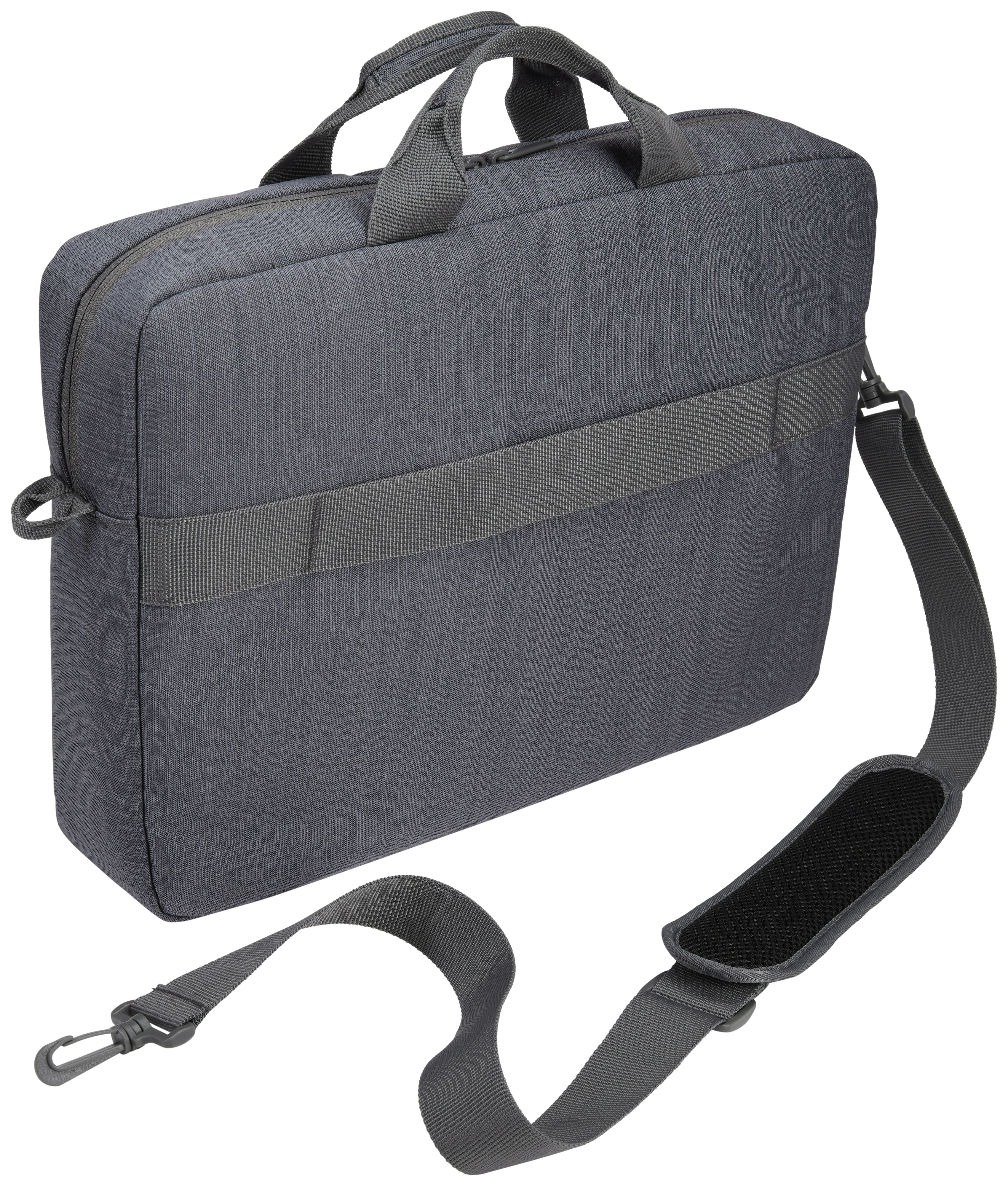 Borsa per laptop grigia con manico, tracolla e cerniera. Sfondo bianco.