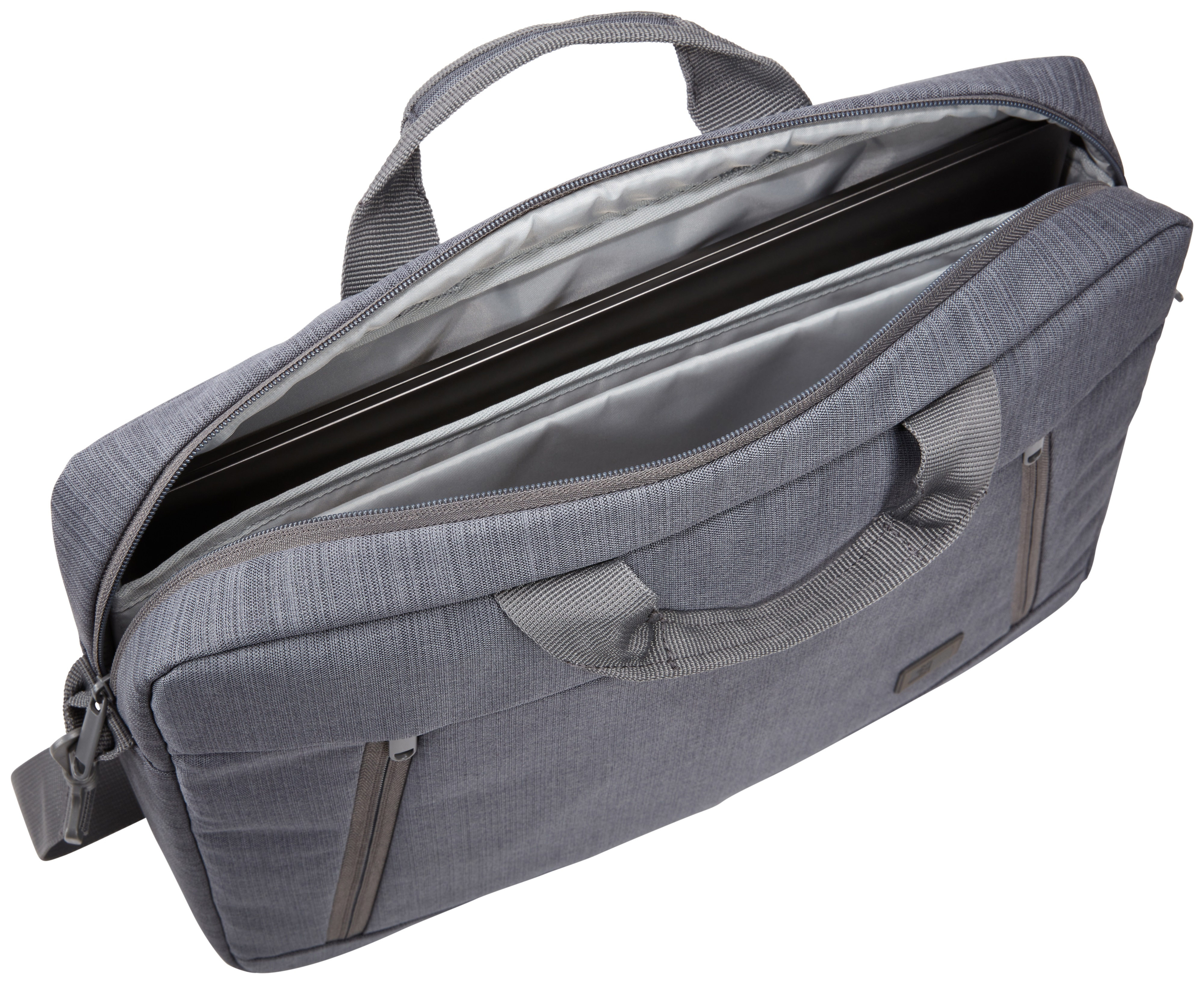 Una borsa grigia per laptop.