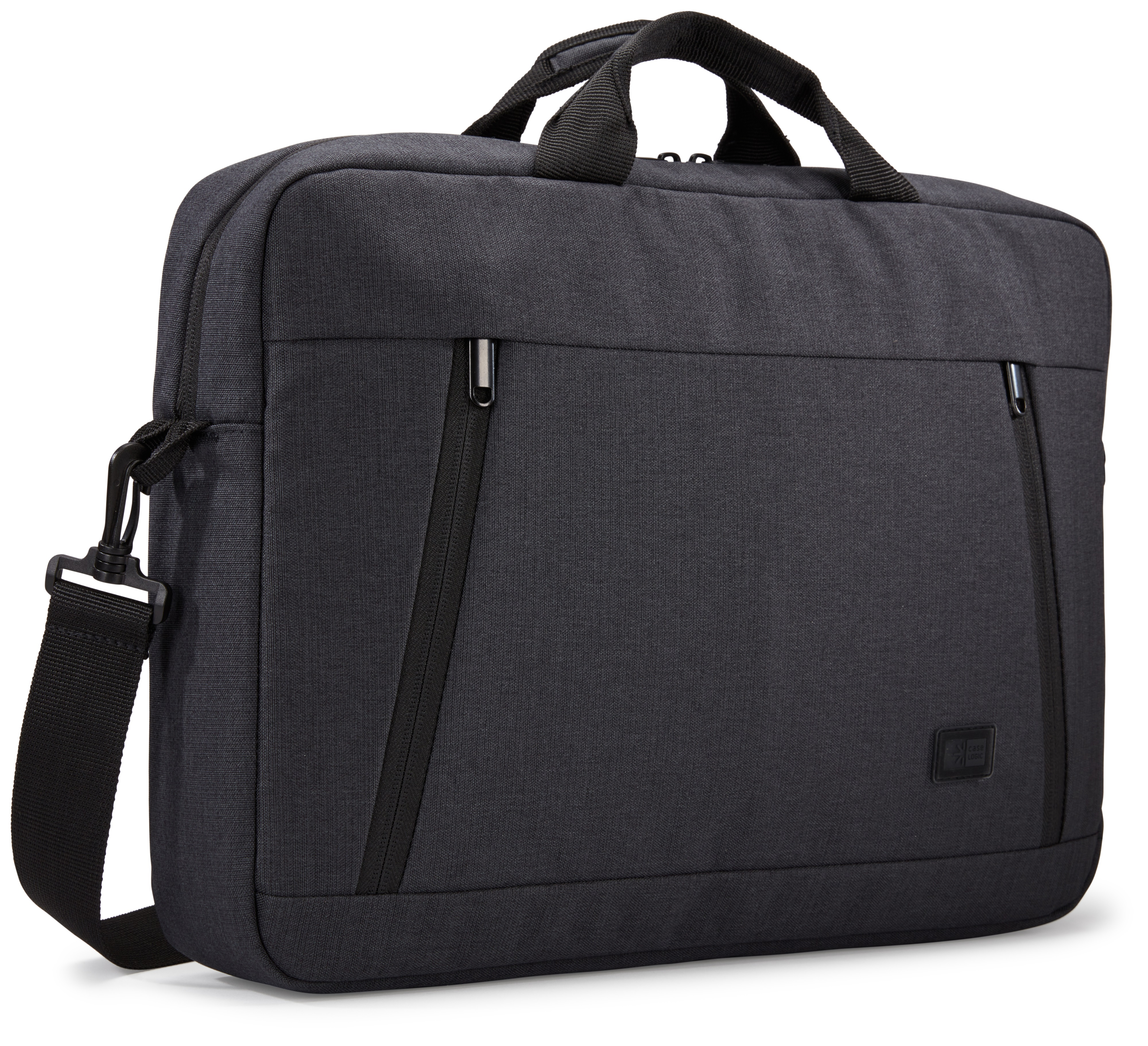 Borsa per laptop grigio scuro con cerniere nere, tracolla e maniglia.