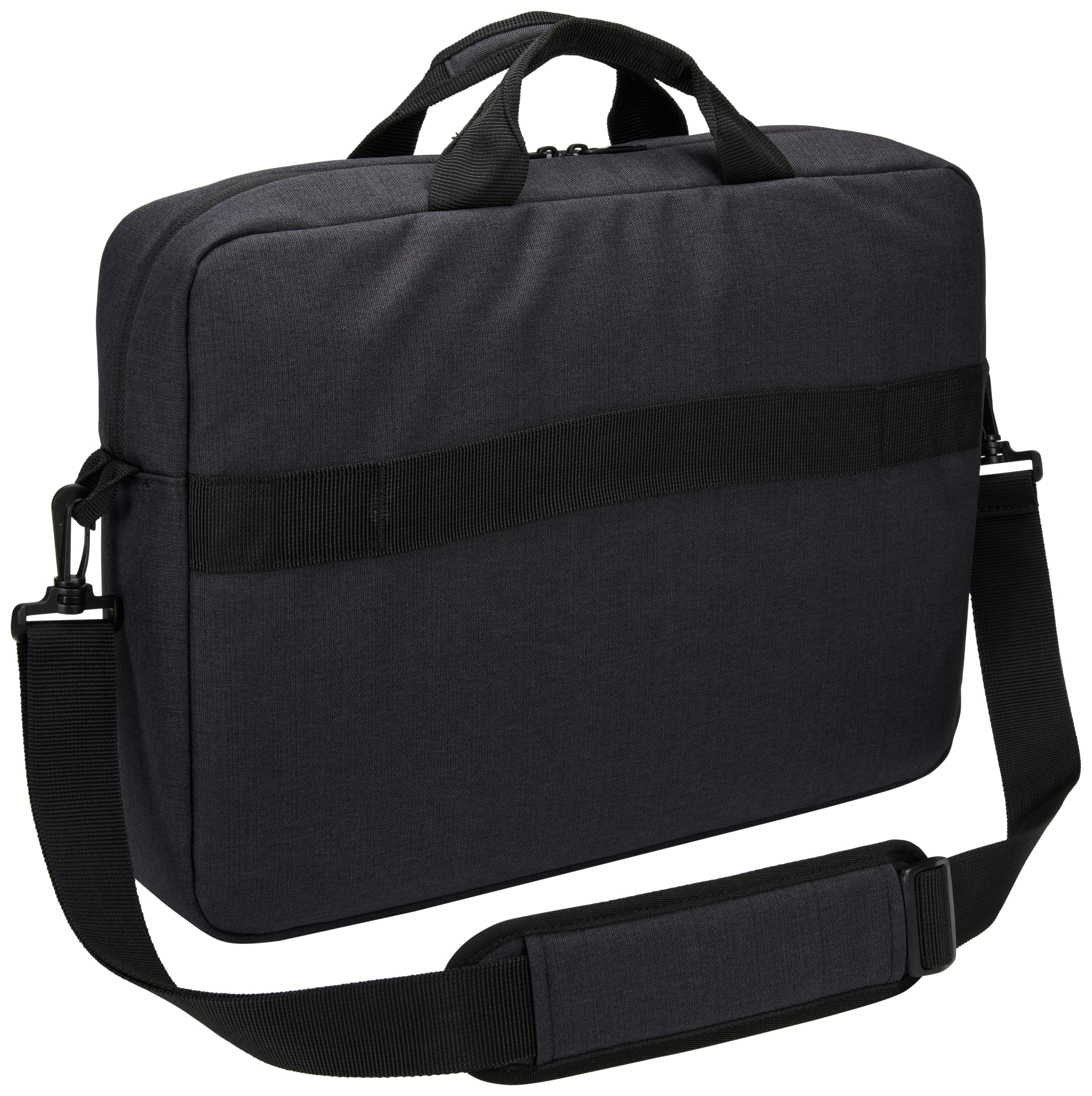 Borsa nera per laptop con manico, tracolla e cinturino anteriore.
