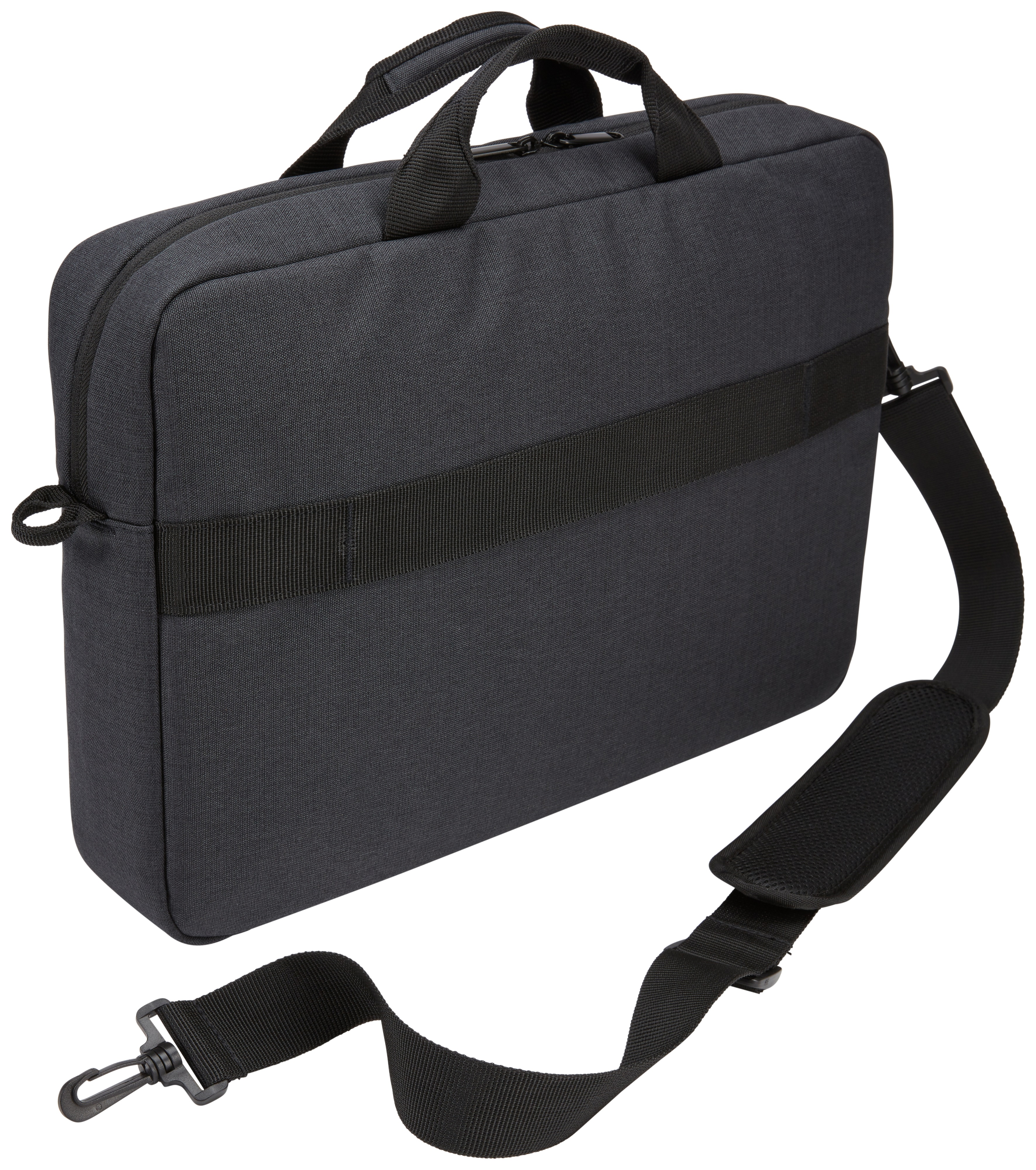 Borsa per laptop nera con manici, tracolla e cinturino nero frontale.