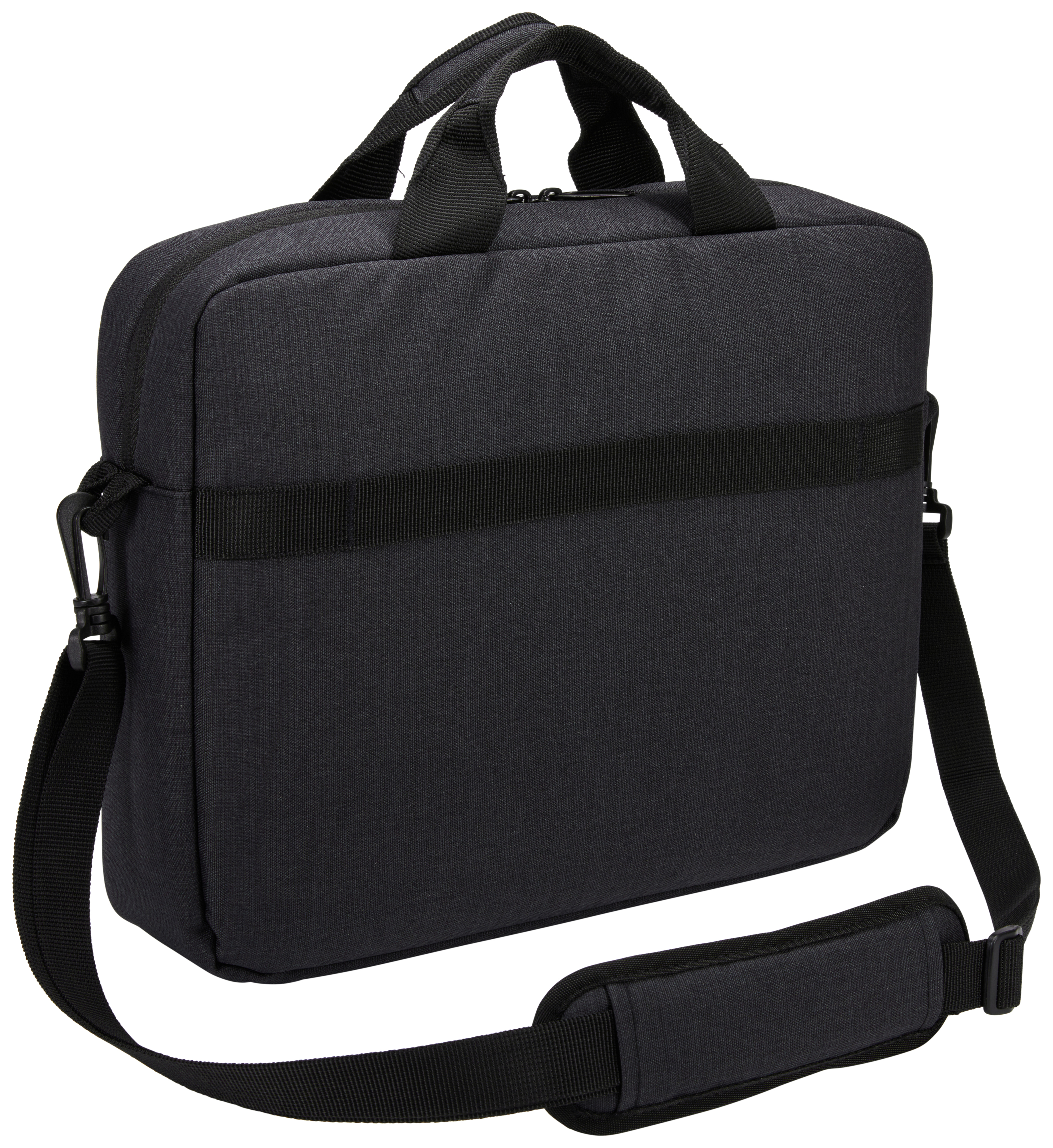 Sac noir de type porte-documents avec bandoulière, poignées supérieures et une bande horizontale au milieu.