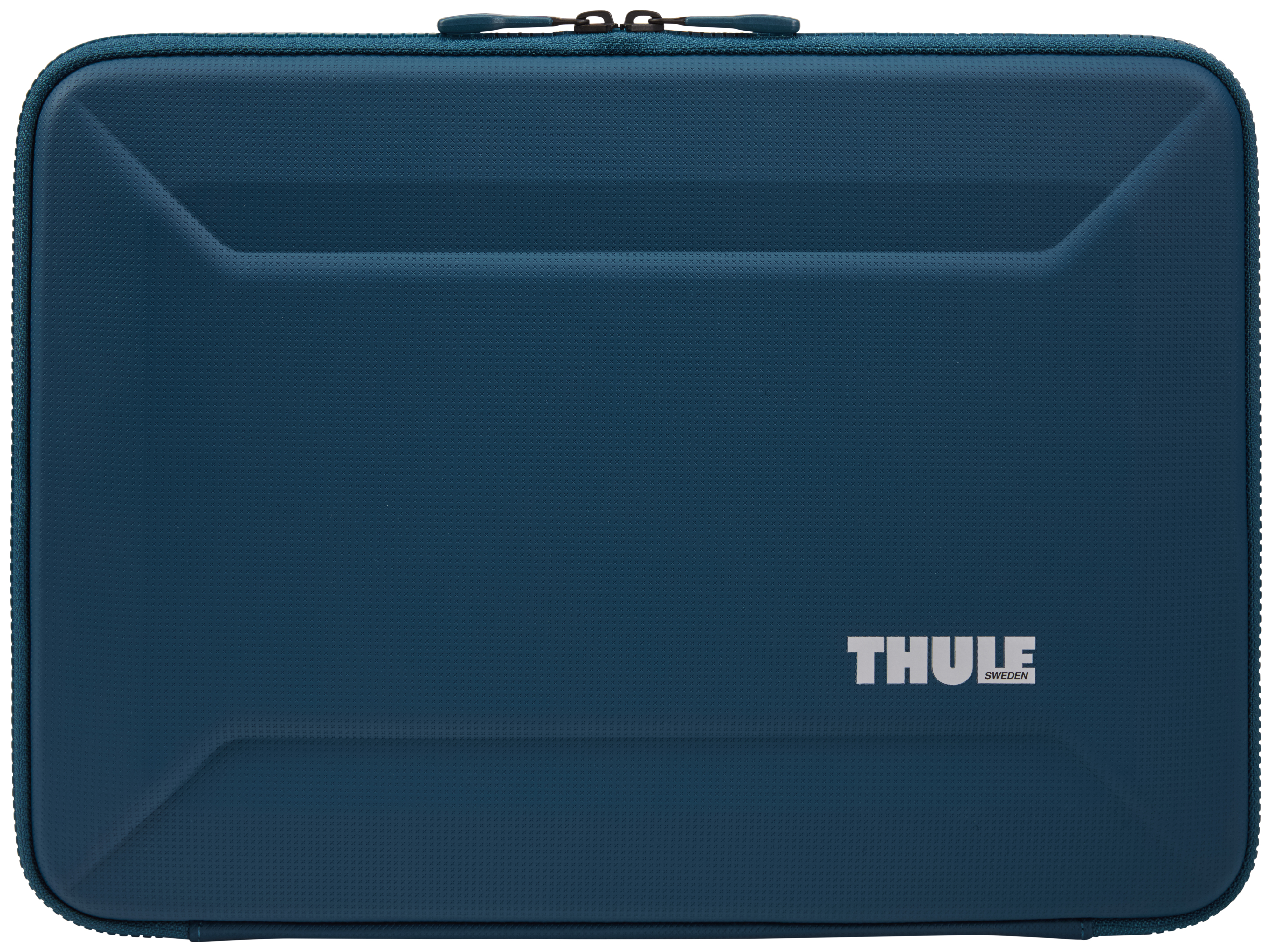 Türkisfarbene Laptoptasche mit Reißverschluss und dem Thule-Logo in Weiß.