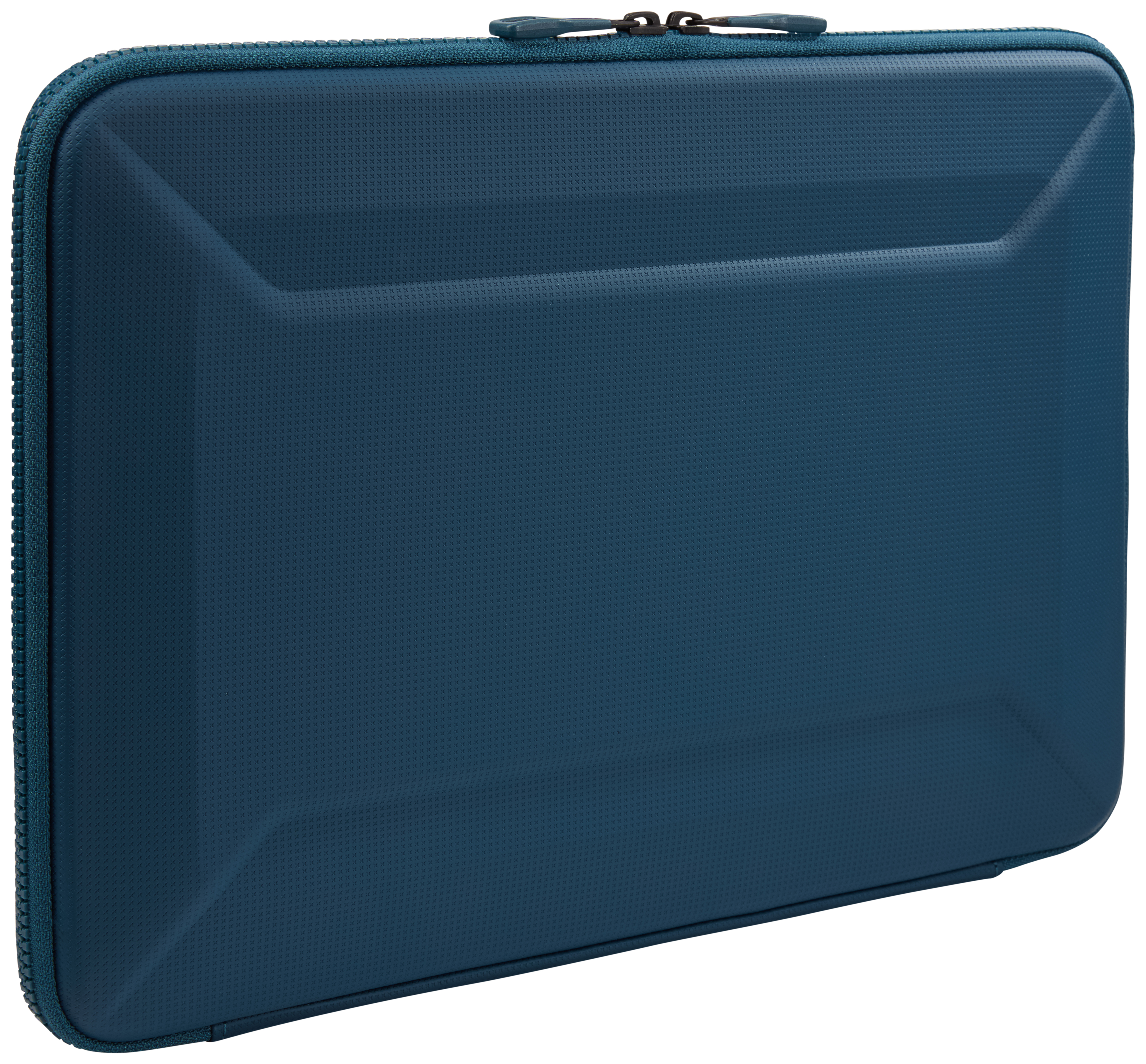 Dunkelblaue Laptoptasche mit Reißverschluss, strukturierter Oberfläche und abgerundeten Ecken.