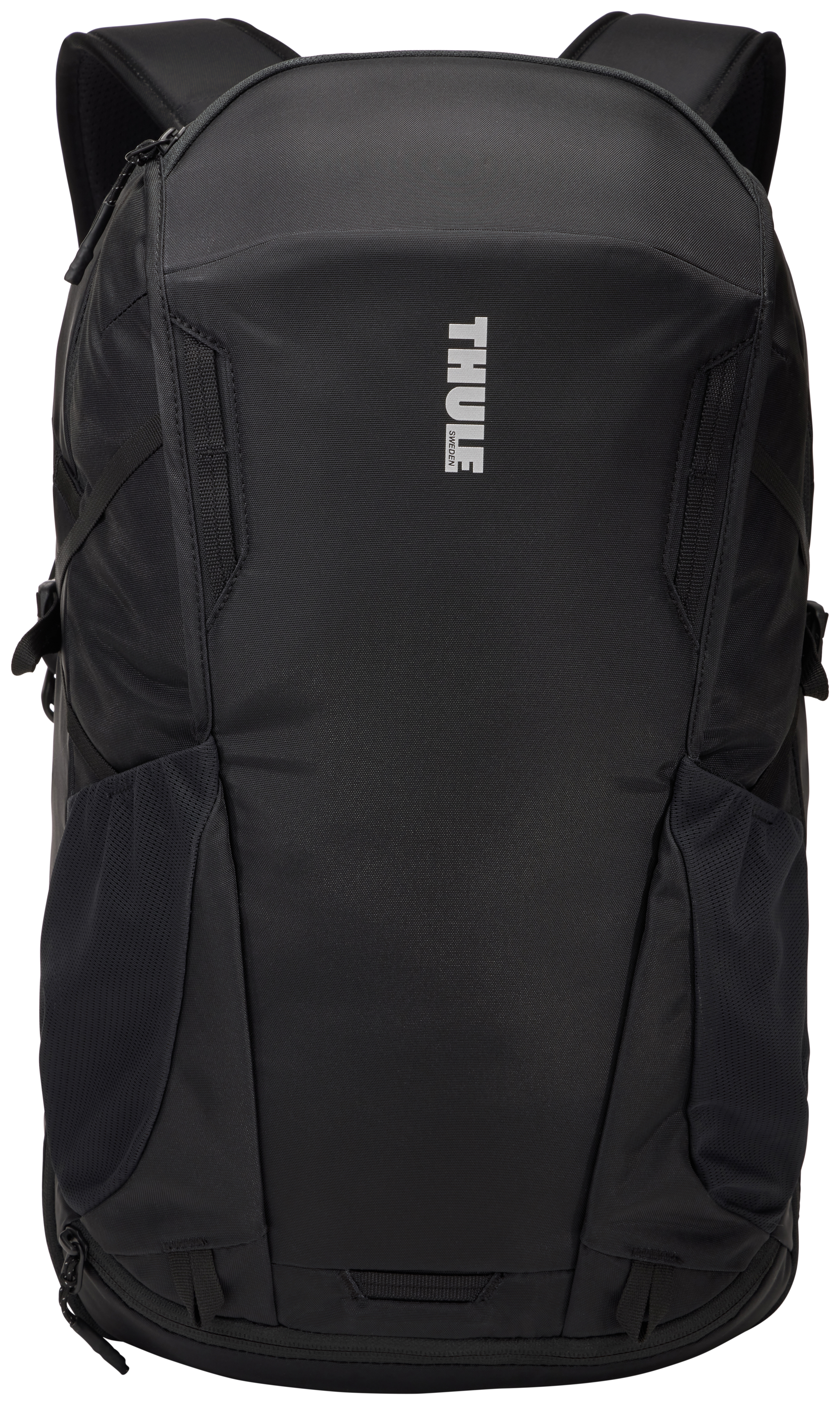 Schwarzer Rucksack mit weißem Logo, Marke Thule, auf weißem Hintergrund.