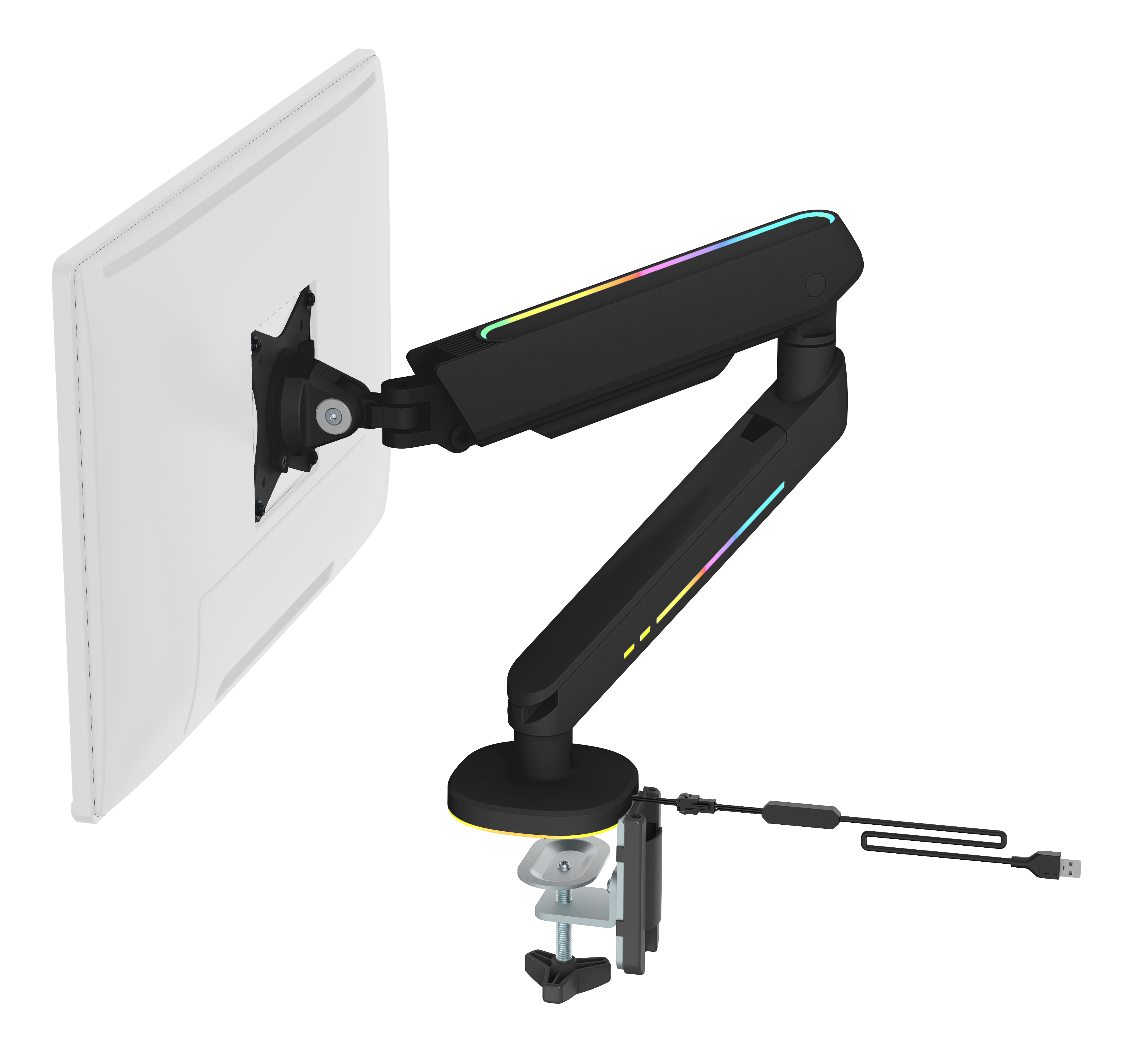 Brazo de monitor negro con un monitor blanco adjunto. También son visibles una abrazadera y un cable USB.