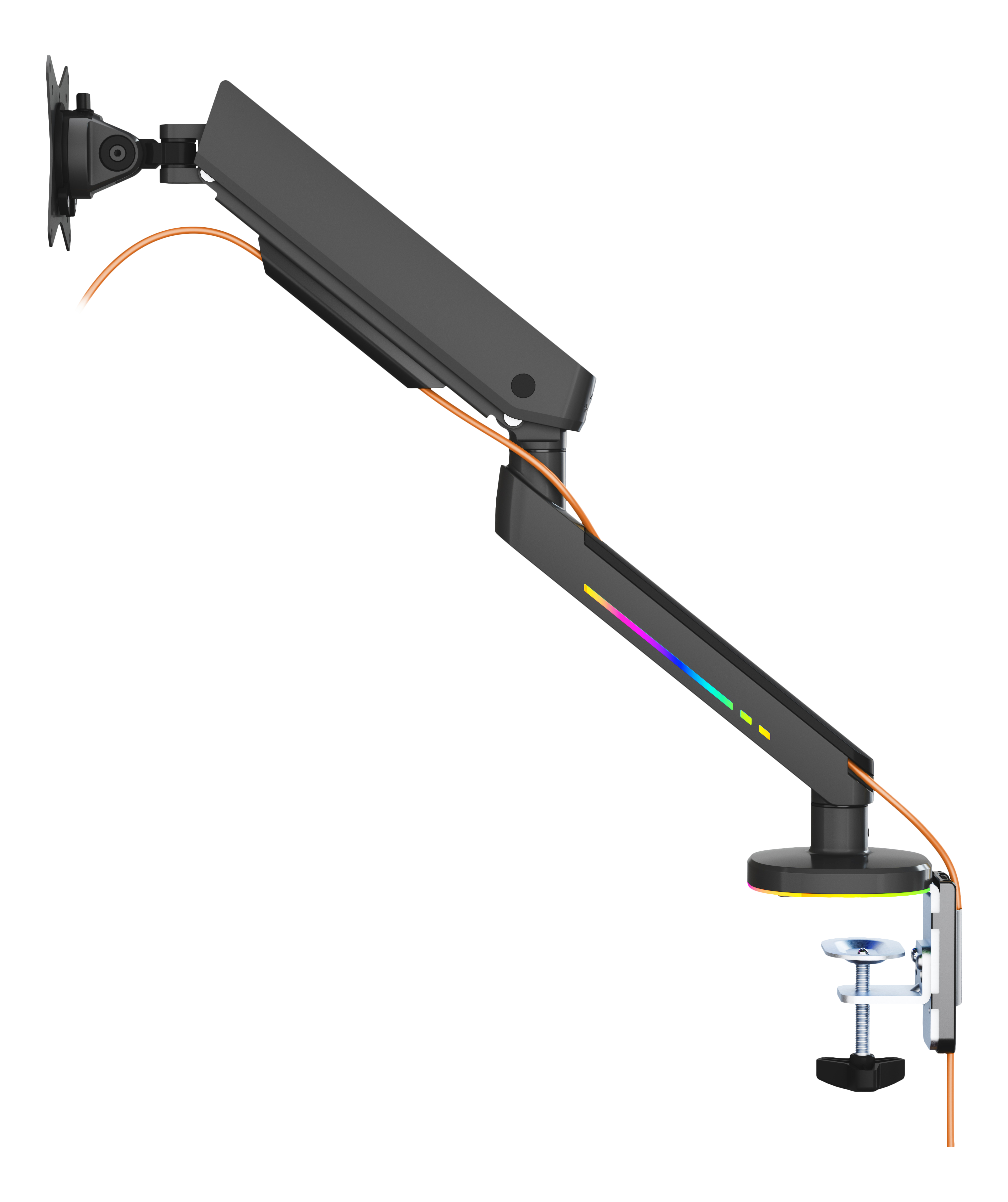 Un brazo de monitor negro y gris con una abrazadera, un brazo flexible y un soporte.