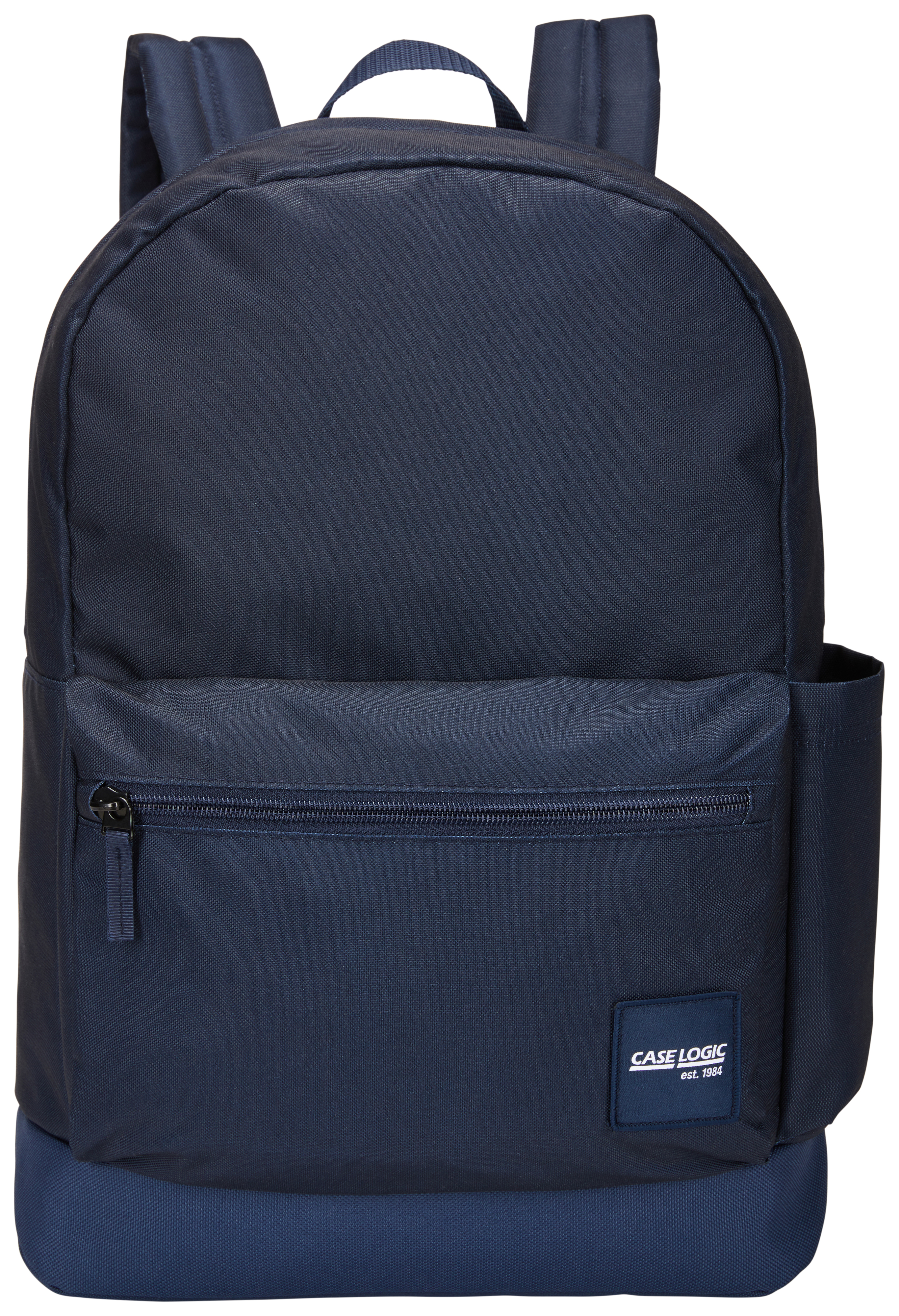 Marineblauer Rucksack mit Fronttasche und Logo. Der Hintergrund ist weiß.