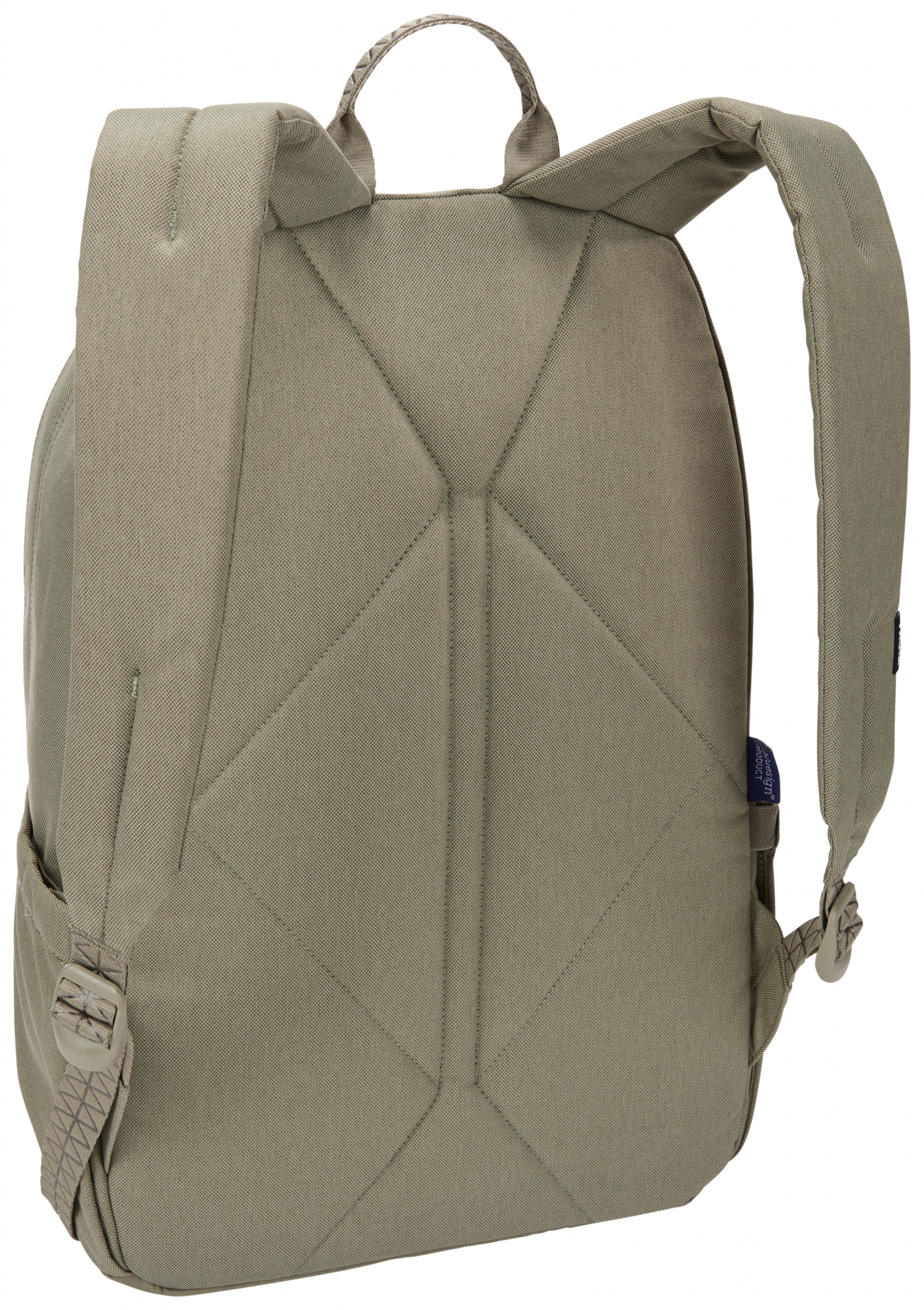 Rucksack mit gepolstertem Rücken und Schultergurten. Der Stoff ist olivgrün.