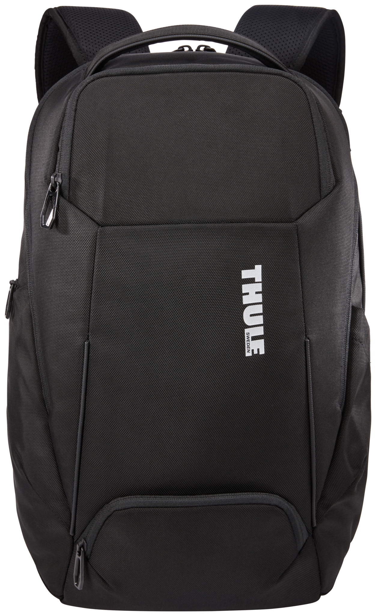 Schwarzer Thule-Rucksack mit Reißverschluss und weißem Logo.