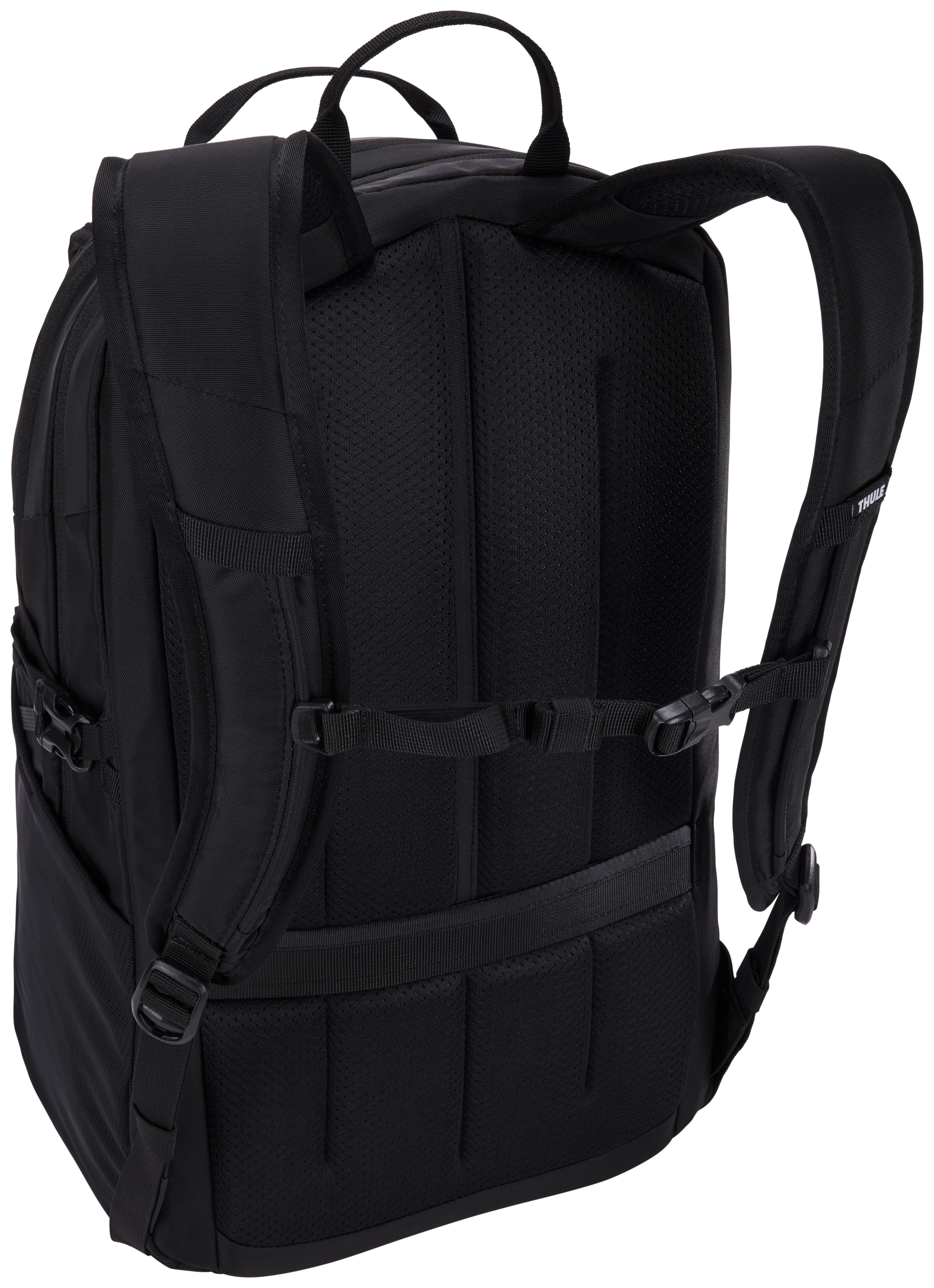 Rückseite eines schwarzen Rucksacks mit Riemen und gepolstertem Rückenteil.