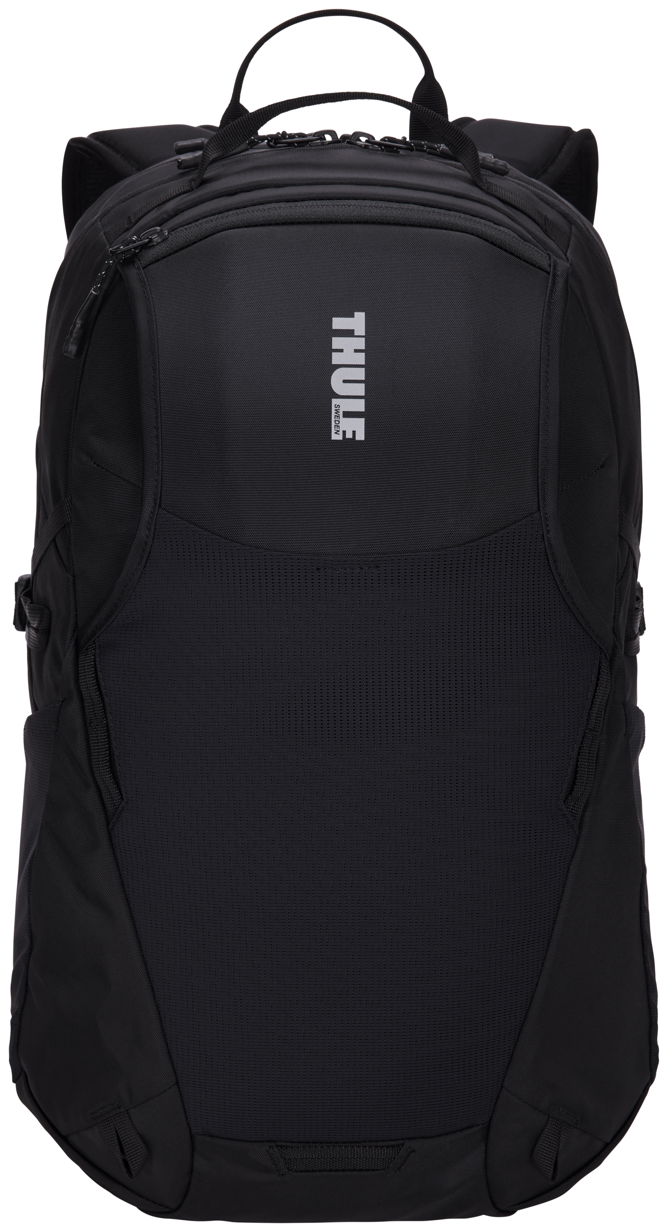 Schwarzer Rucksack mit strukturierter Vorderseite. Enthält das Wort 'THULE' in Weiß.