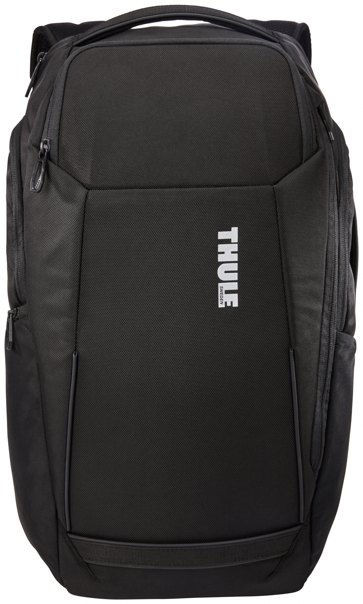 Schwarzer Rucksack mit weißem THULE-Logo. Er hat mehrere Taschen und einen oberen Griff.