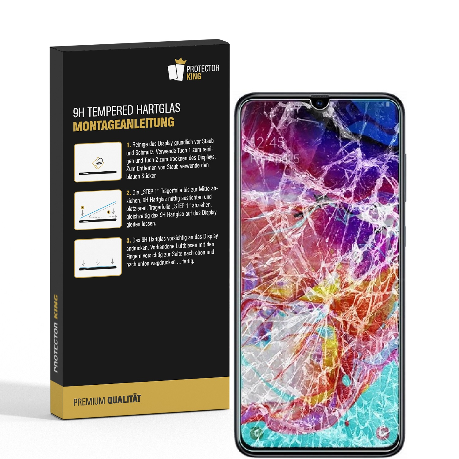 Smartphone mit gesprungener Displayschutzfolie neben Verpackung und Anweisungsaufkleber.